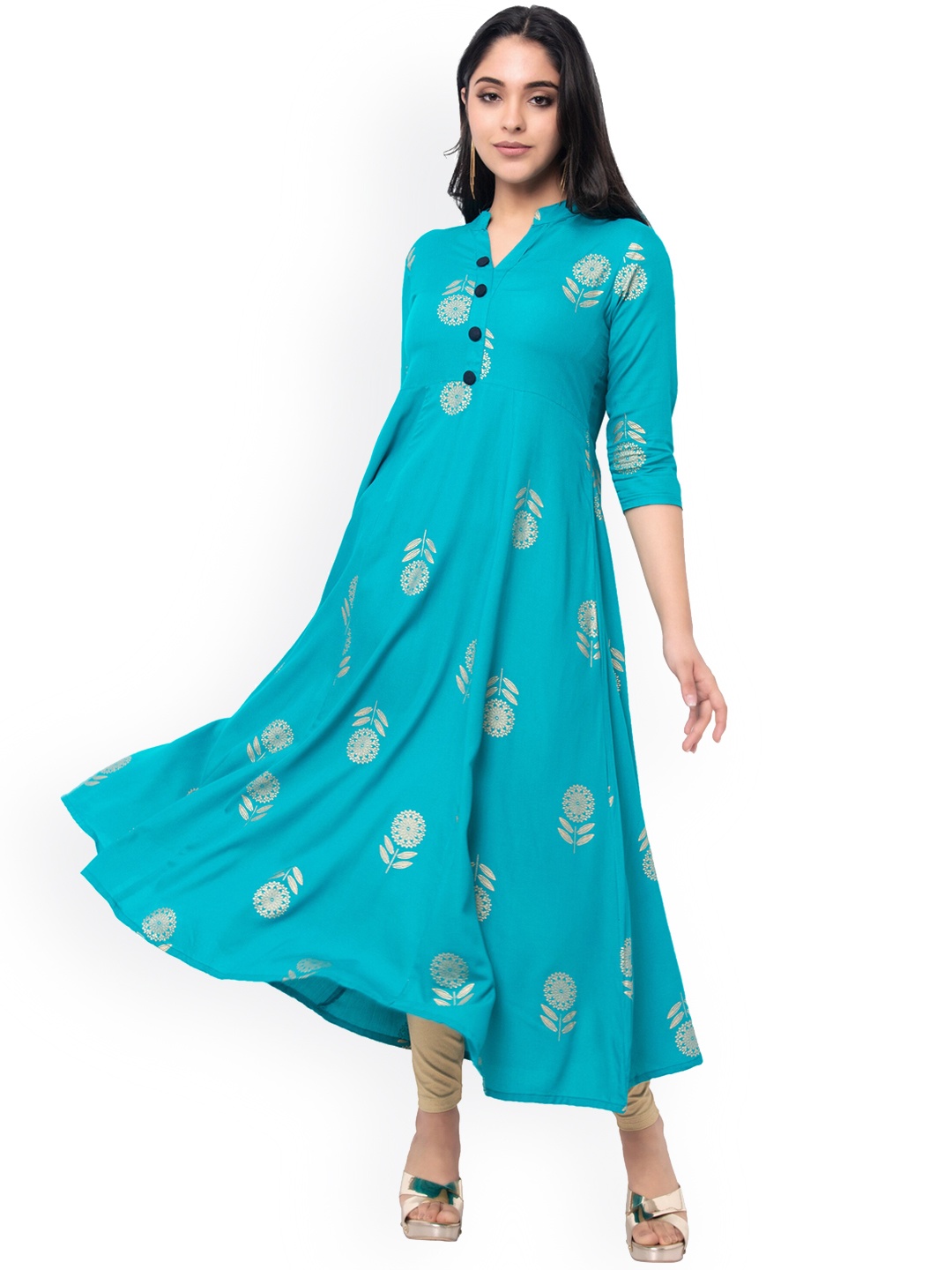 

VASTRAMANIAA Women Blue & Gold-Toned Ethnic Motifs Printed Gotta Patti Floral Anarkali Kurta