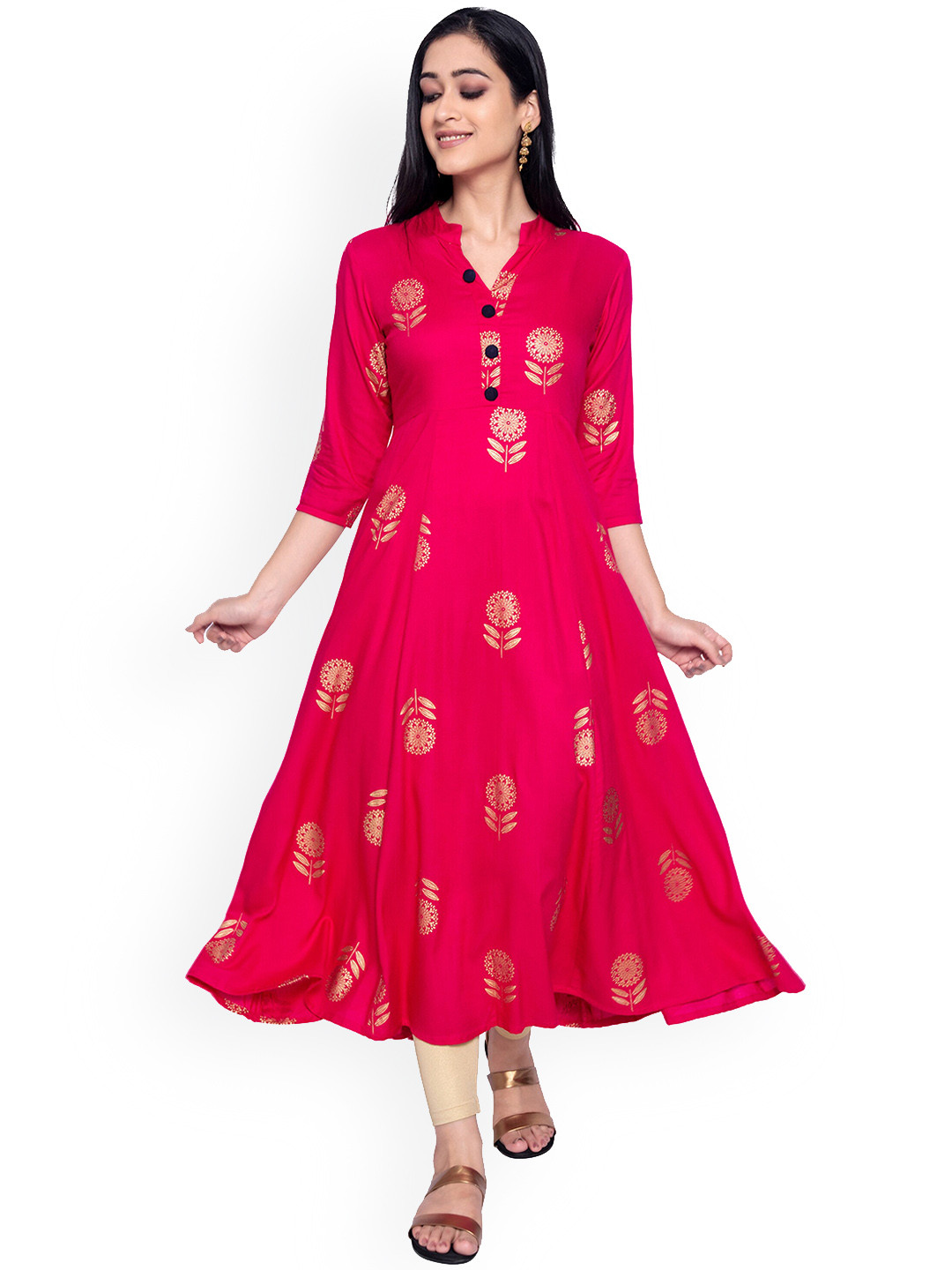

VASTRAMANIAA Women Pink & Gold-Toned Bandhani Dyed Floral Anarkali Kurta