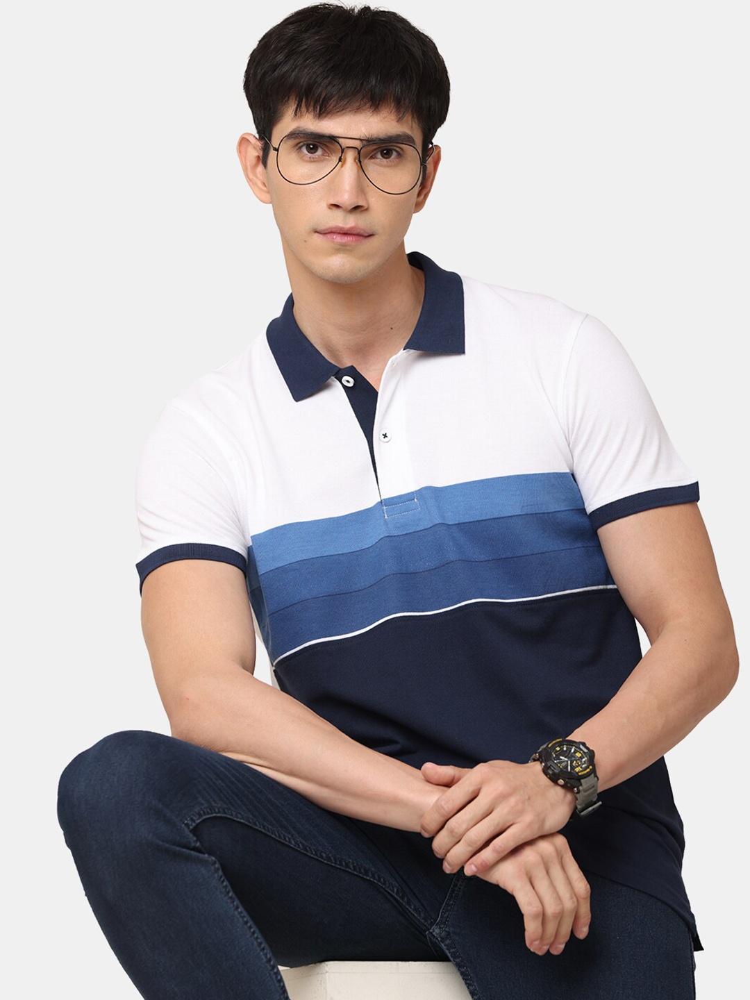 

Mast & Harbour Men Navy Blue Striped Polo Collar T-shirt