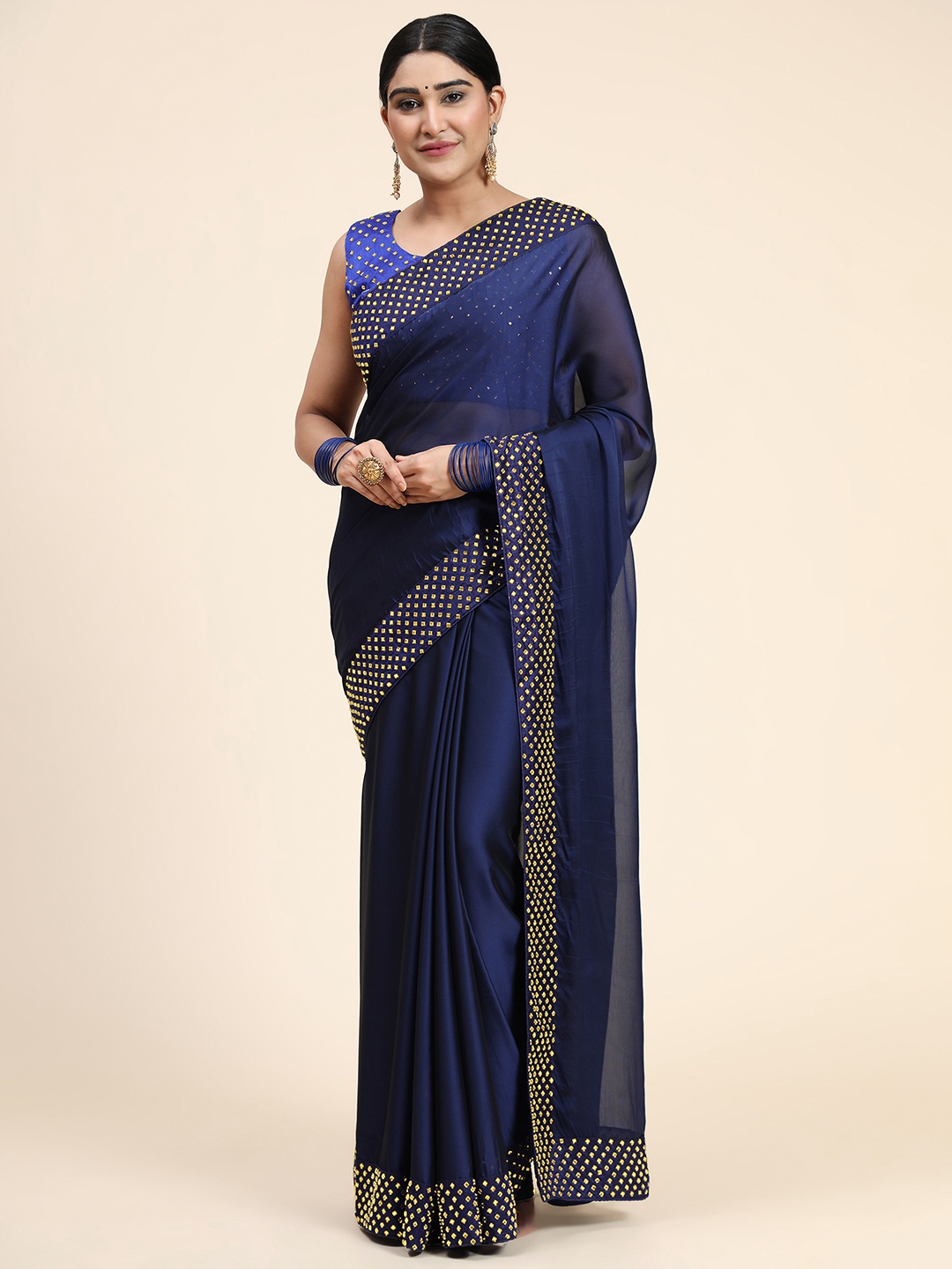 

PUNYATHA CREATION Navy Blue & Gold-Toned Mirror Work Pure Silk Saree