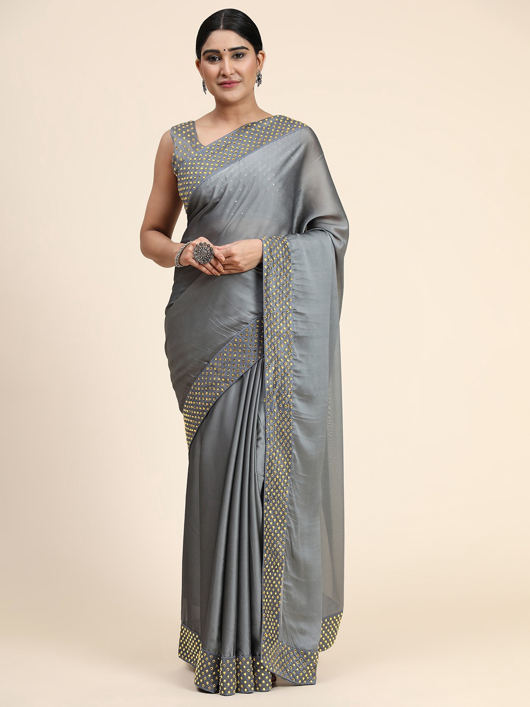 

PUNYATHA CREATION Grey Mirror Work Pure Silk Saree