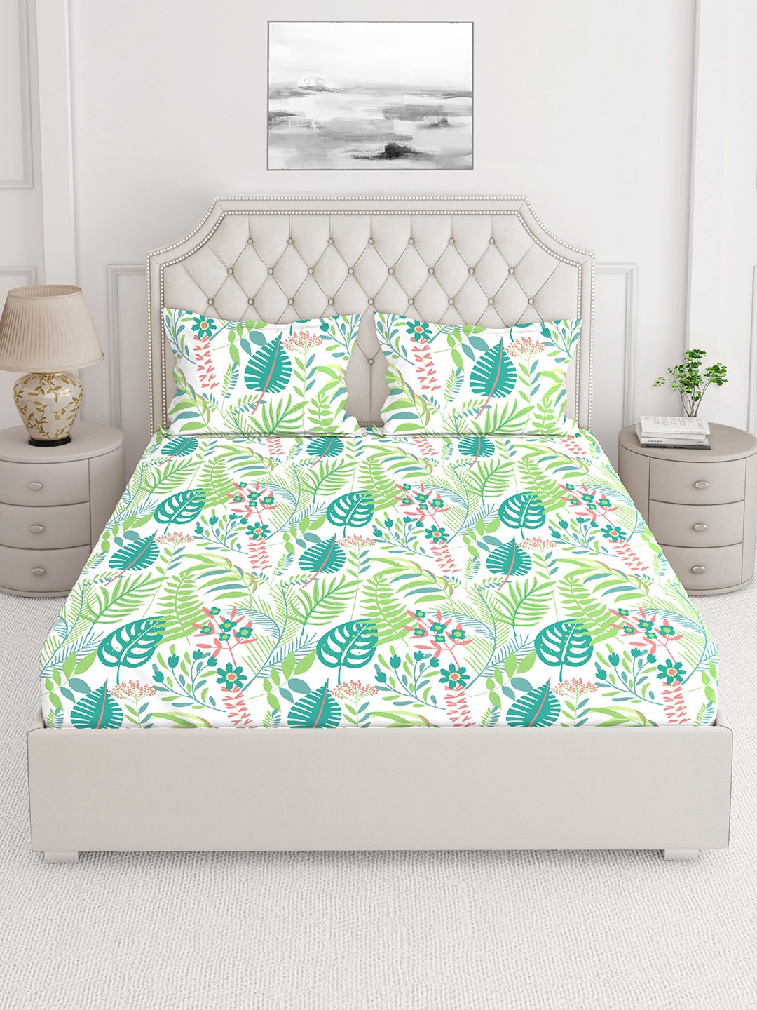 

Layers Green & White Floral 250 TC King Bedsheet with 2 Pillow Covers