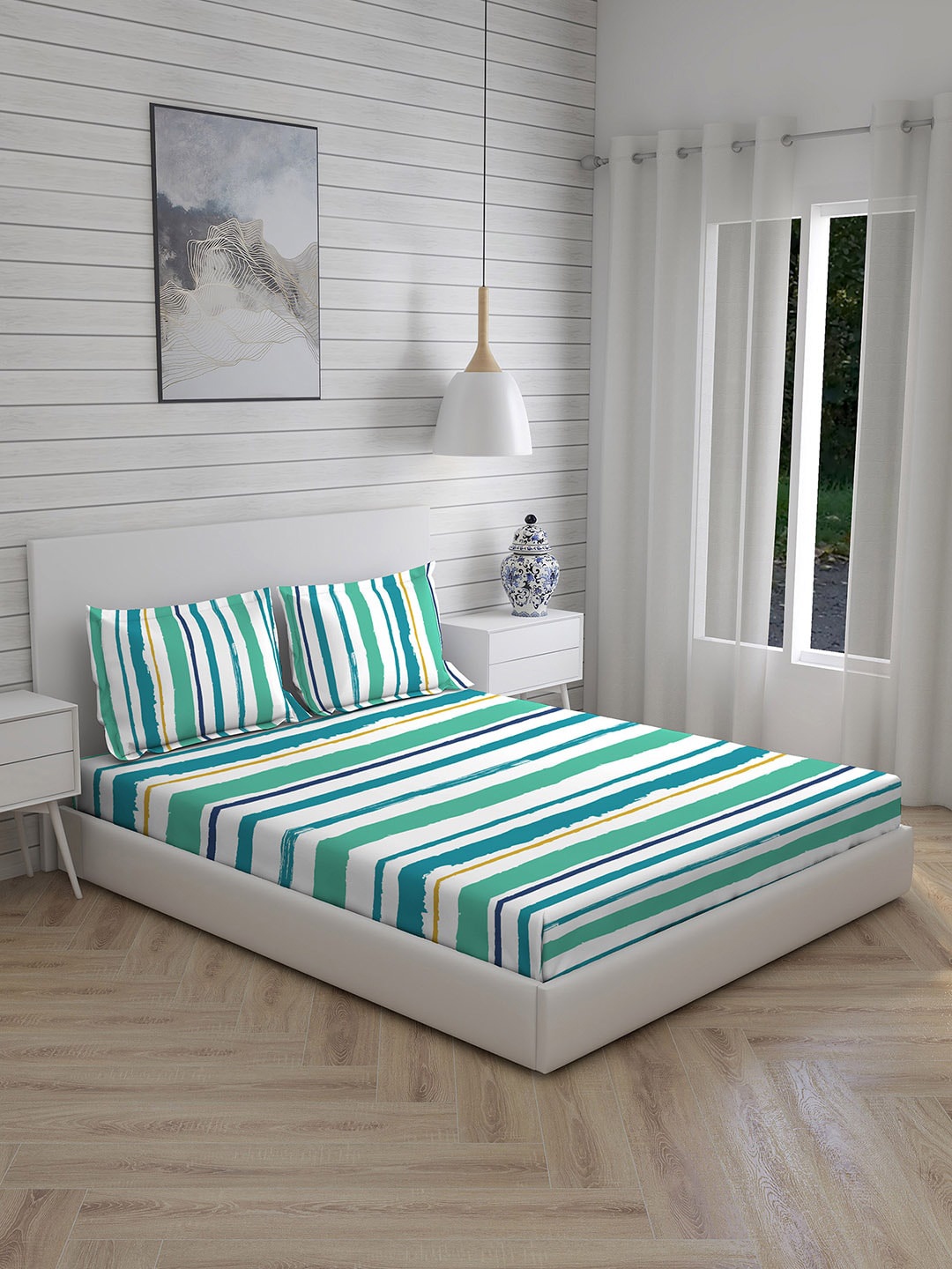 

Layers Green & White Striped 250 TC King Bedsheet with 2 Pillow Covers