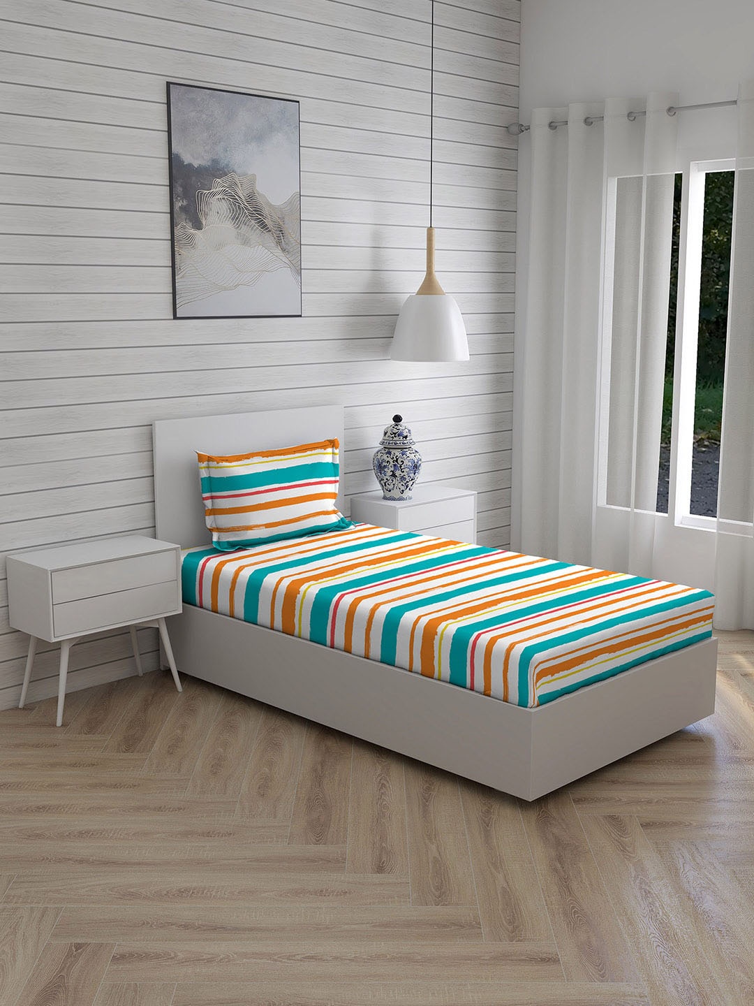 

Layers Unisex Orange & Blue Striped 250TC Bedsheets