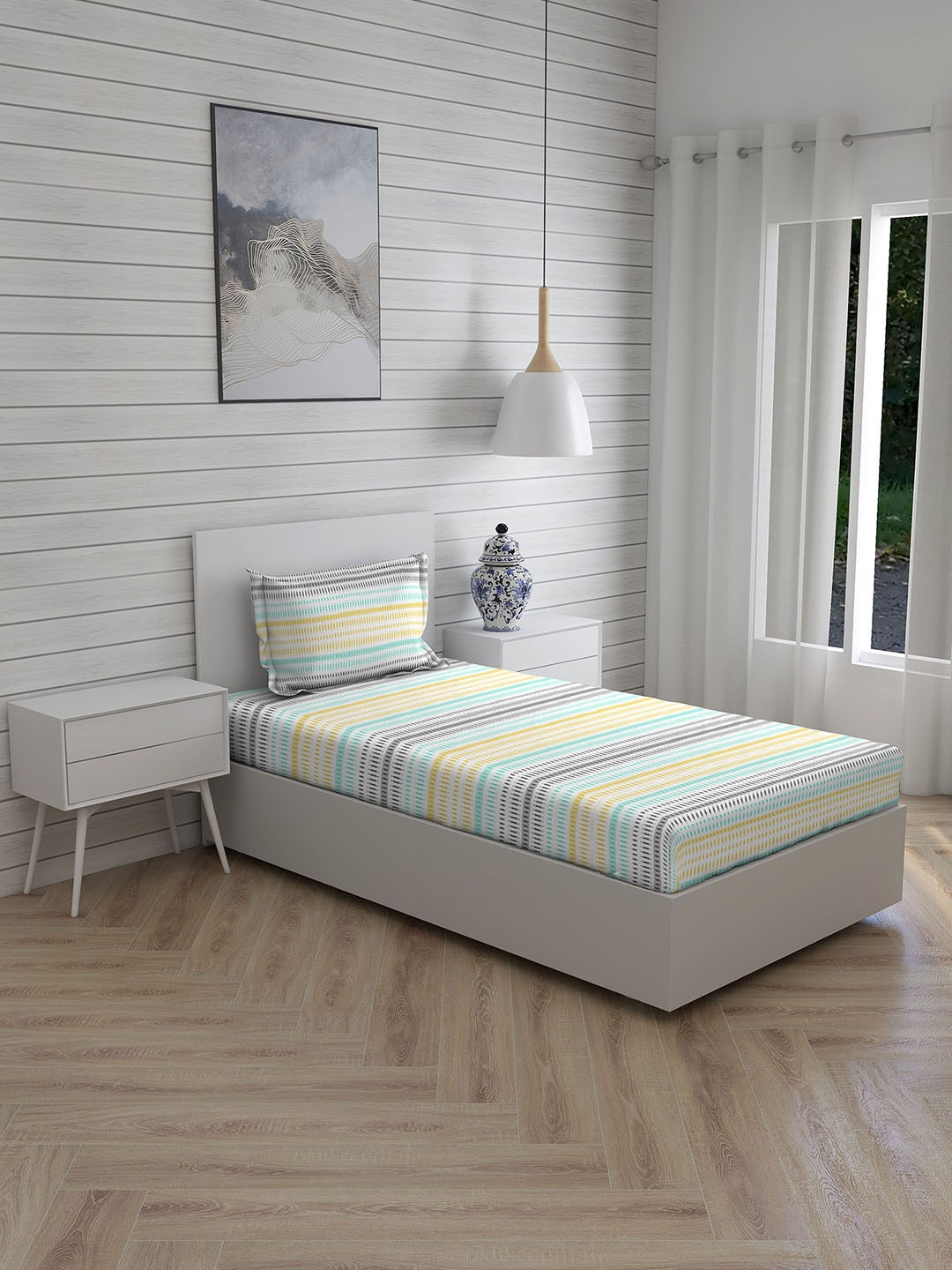 

Layers White & Yellow 250 TC Single Bedsheet with 1 Pillow Covers