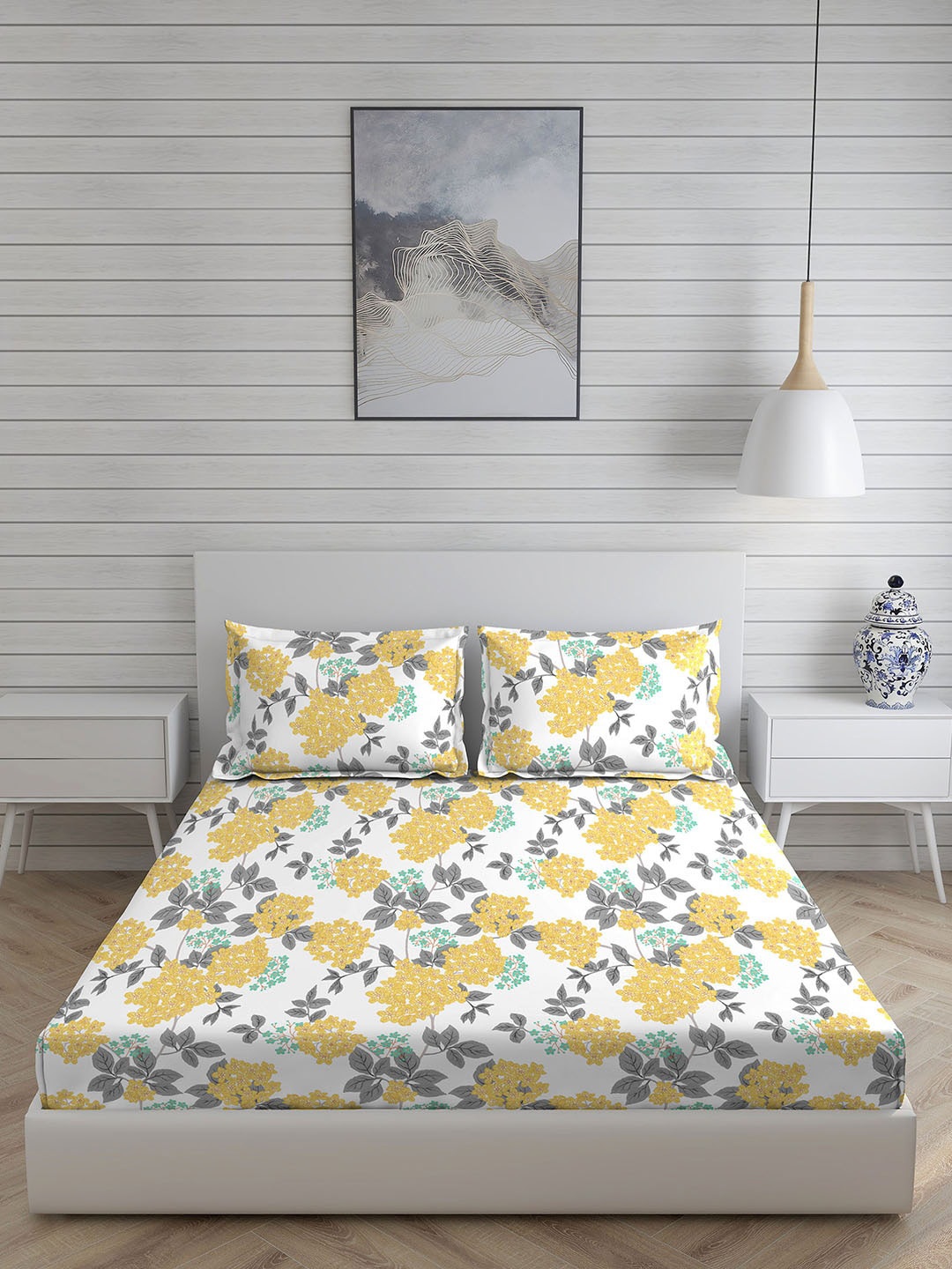 

Layers Yellow & Grey Floral 250 TC King Bedsheet with 2 Pillow Covers