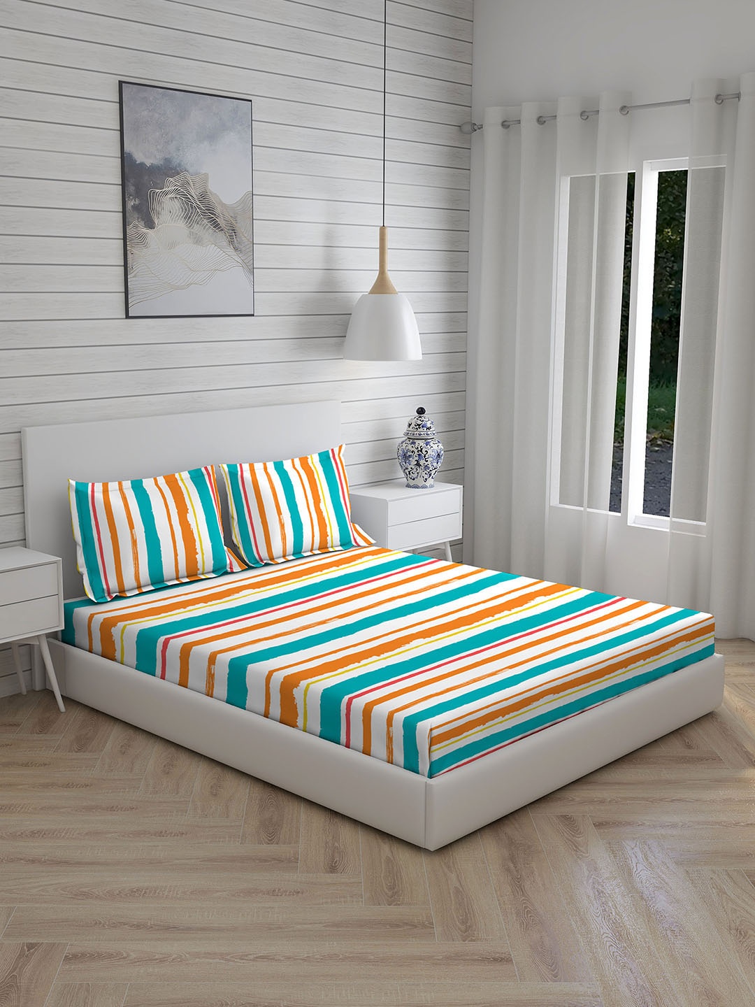

Layers Orange & White Striped 250 TC King Bedsheet with 2 Pillow Covers