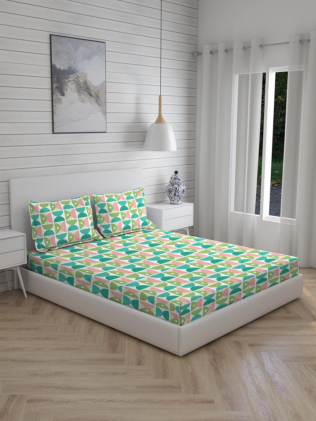 

Layers White & Green Conversational 250 TC King Bedsheet with 2 Pillow Covers