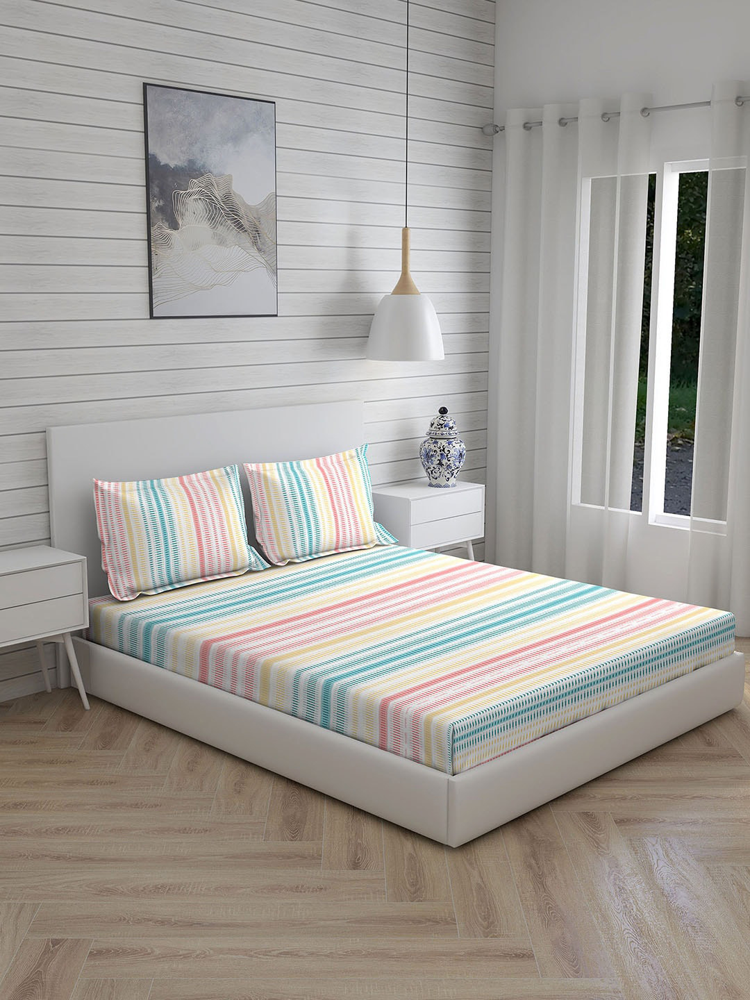 

Layers White & Green Striped 250 TC King Bedsheet with 2 Pillow Covers