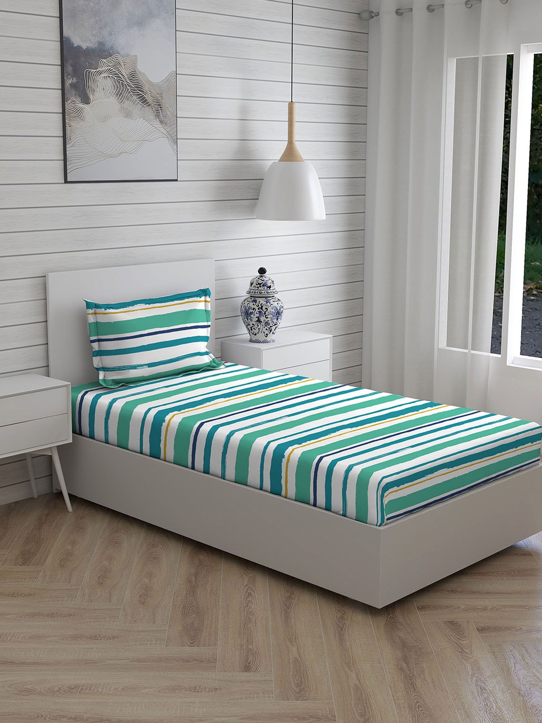 

Layers Green & White Striped 220 TC Single Bedsheet with 1 Pillow Cover