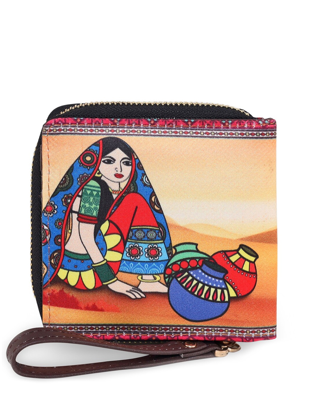 

Sabhyata Women Brown & Blue Printed Structured Sling Bag with Applique