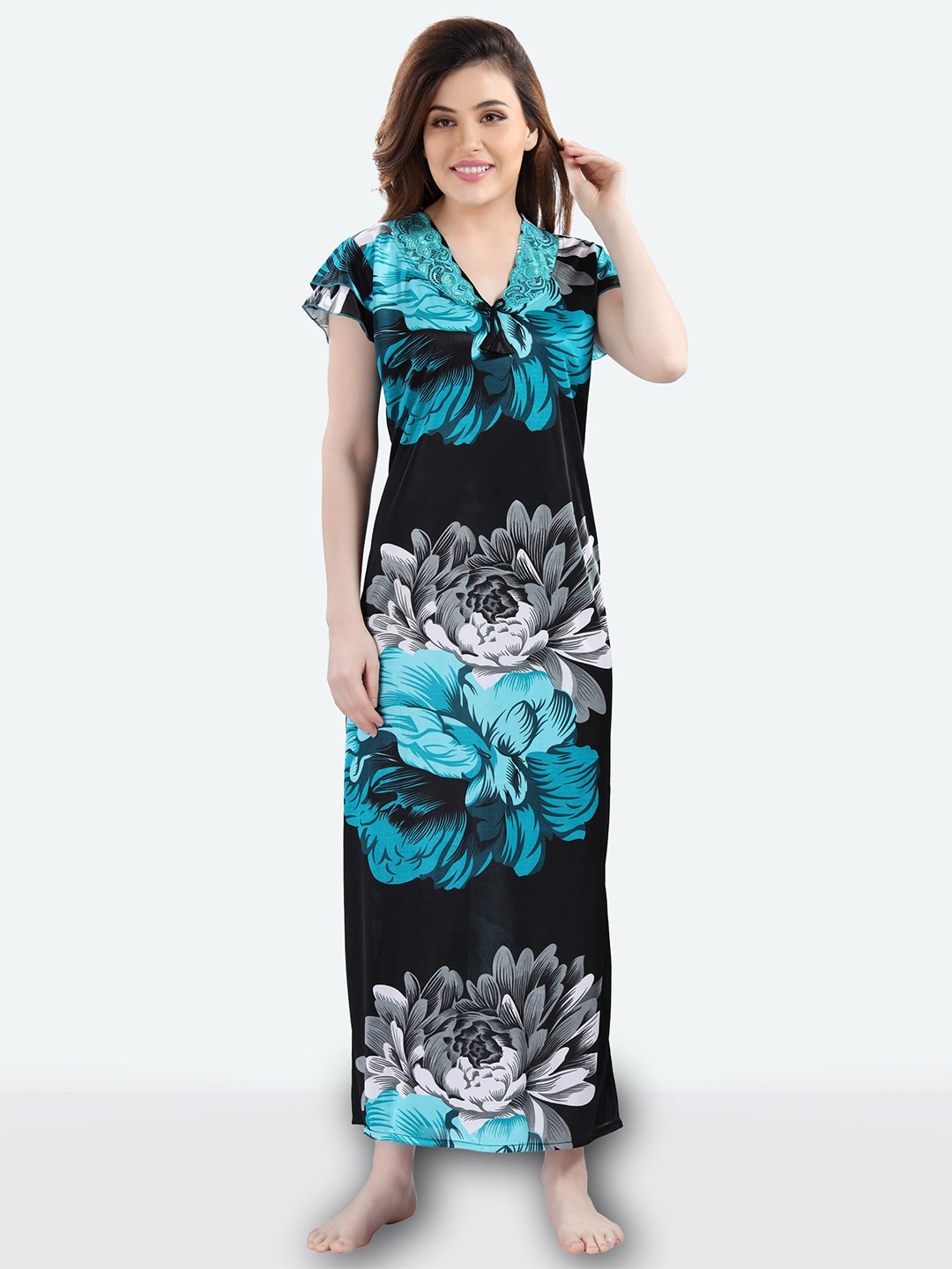 

Romaisa Green Floral Printed Maxi Nightdress, Blue