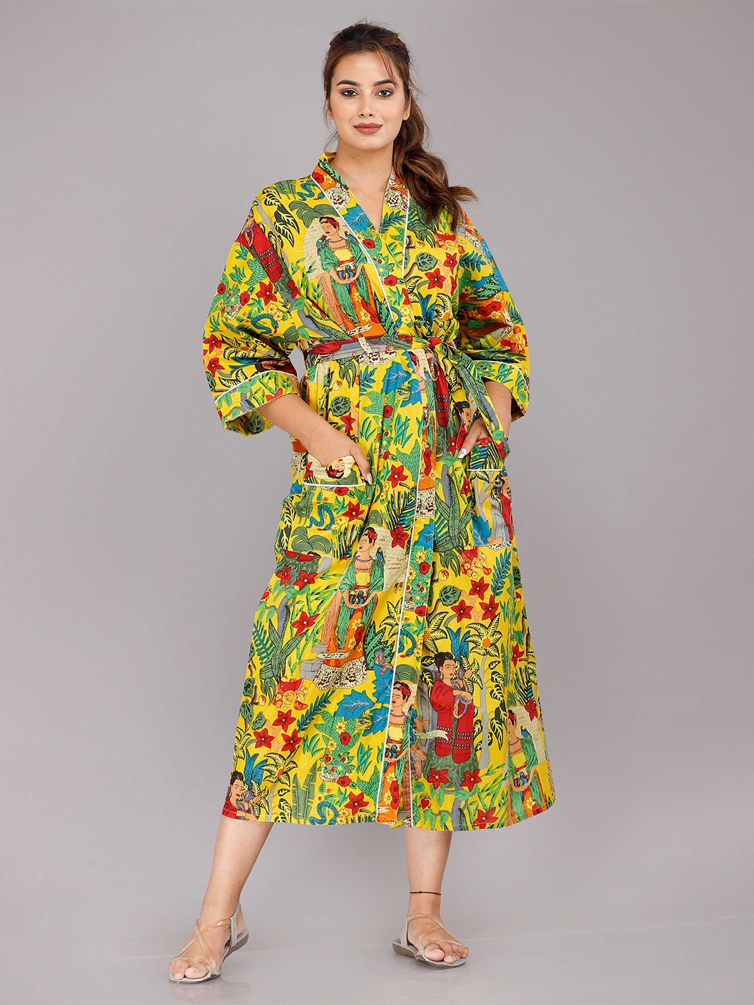 

SHOOLIN Women Yellow Printed Maxi Nightdress