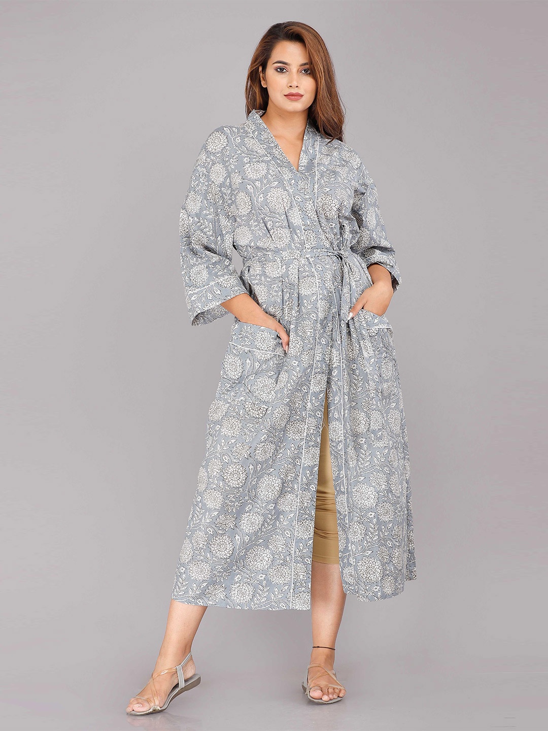 

SHOOLIN Grey Printed Maxi Nightdress KM-28-Grey