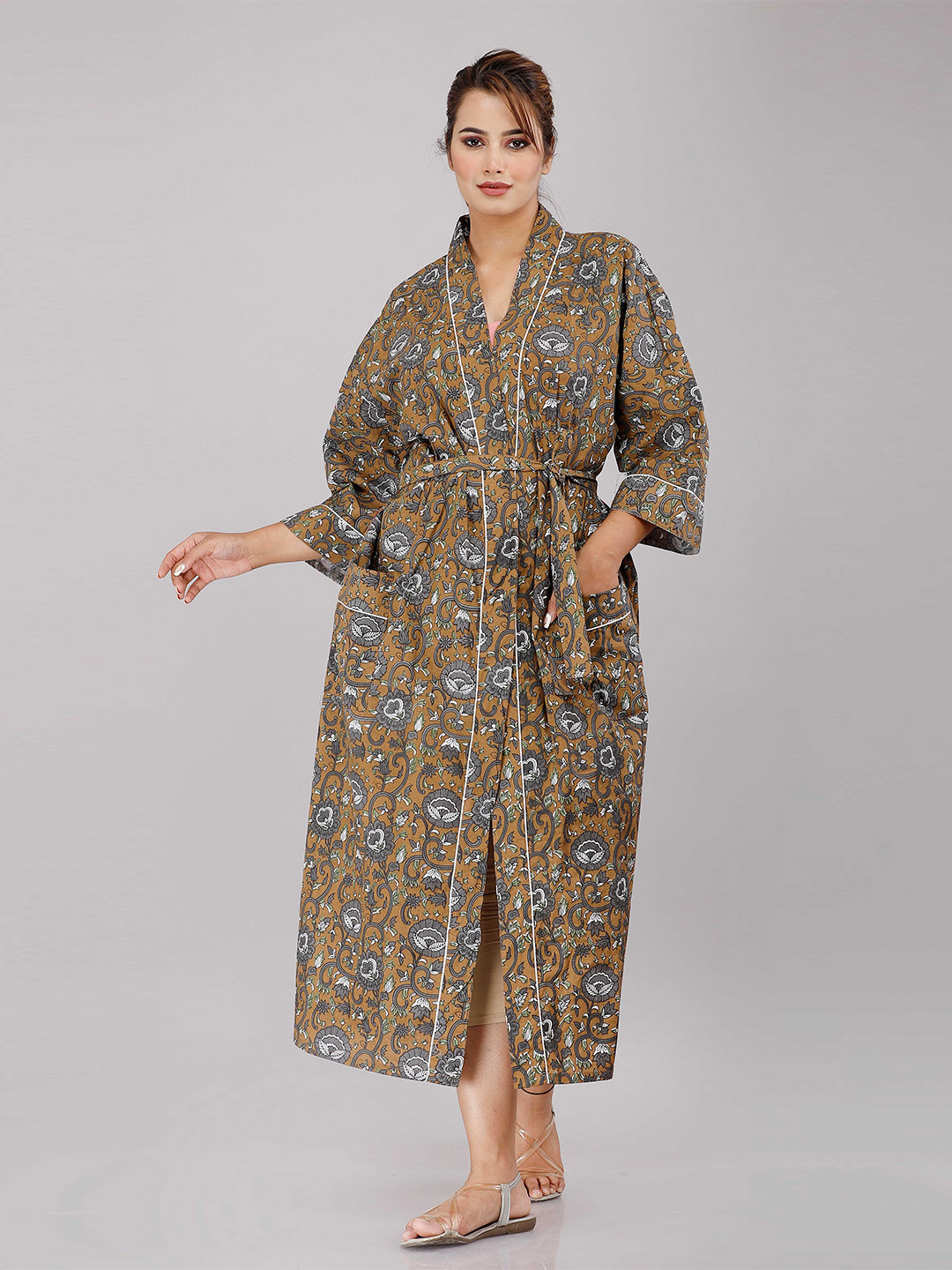 

SHOOLIN Olive Green Printed Maxi Nightdress