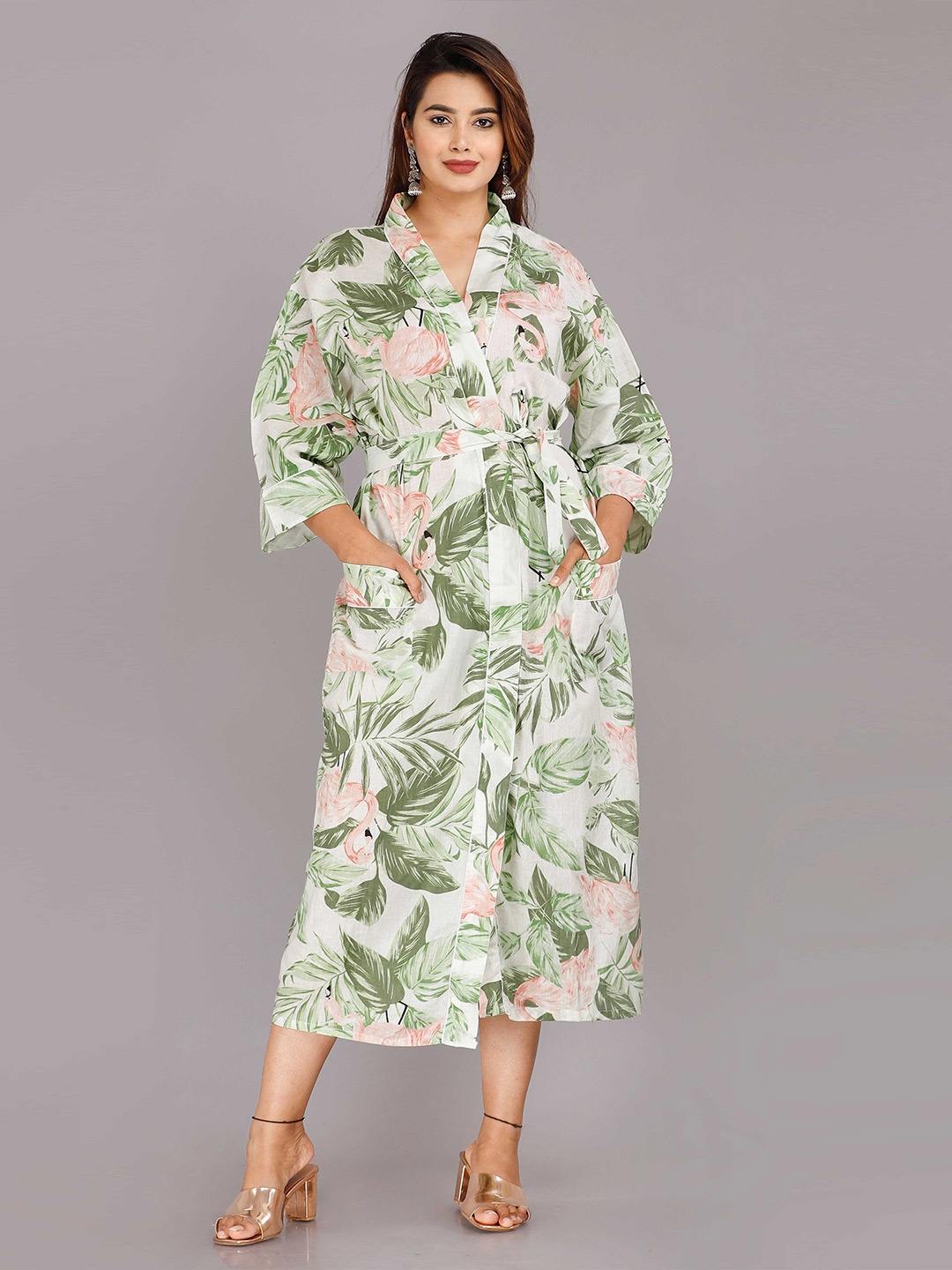 

SHOOLIN Green Printed Maxi Nightdress
