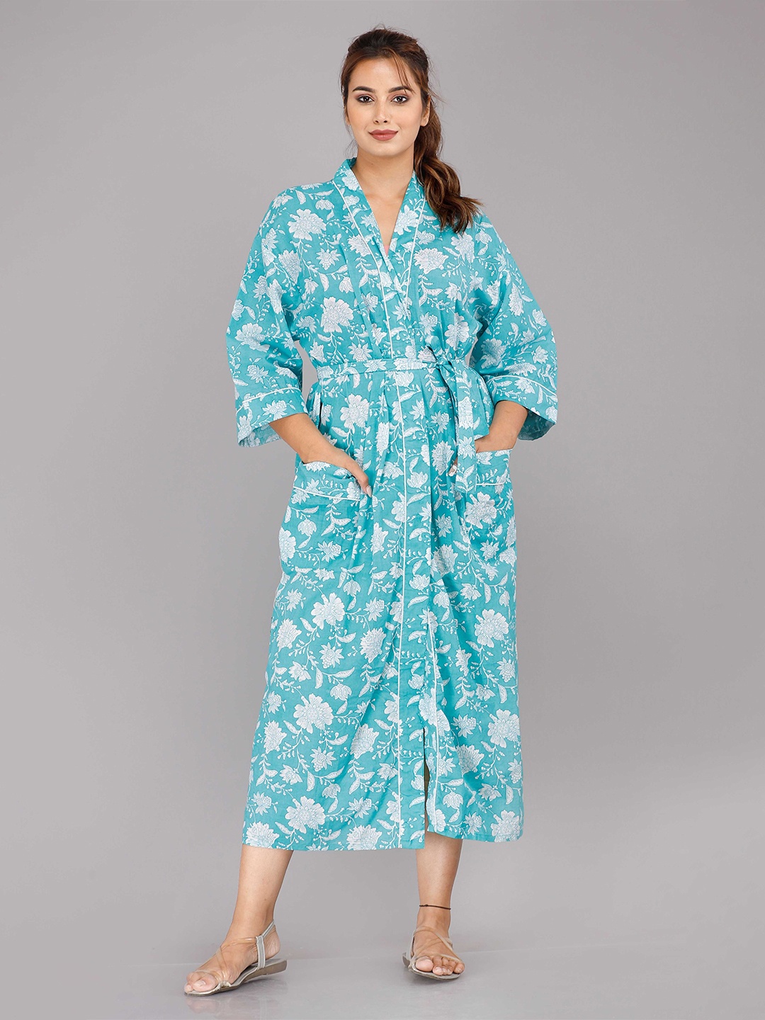 

SHOOLIN Blue Printed Pure Cotton Maxi Nightdress