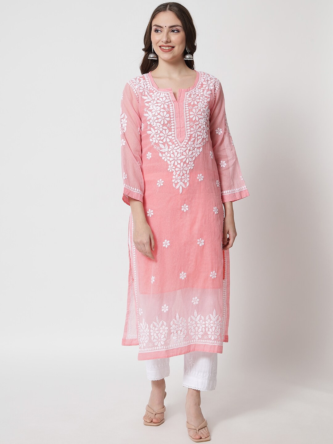 

PARAMOUNT CHIKAN Women Ethnic Motifs Embroidered Chikankari Kurta, Coral