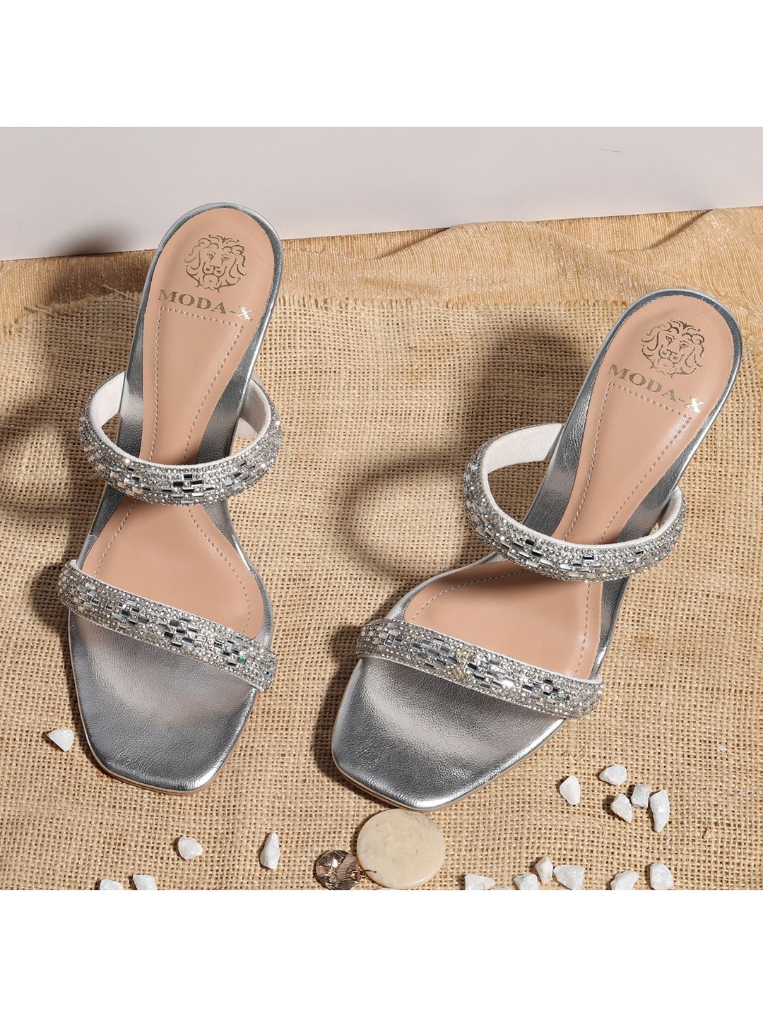 

MODA-X Silver-Toned Embellished Block Sandals