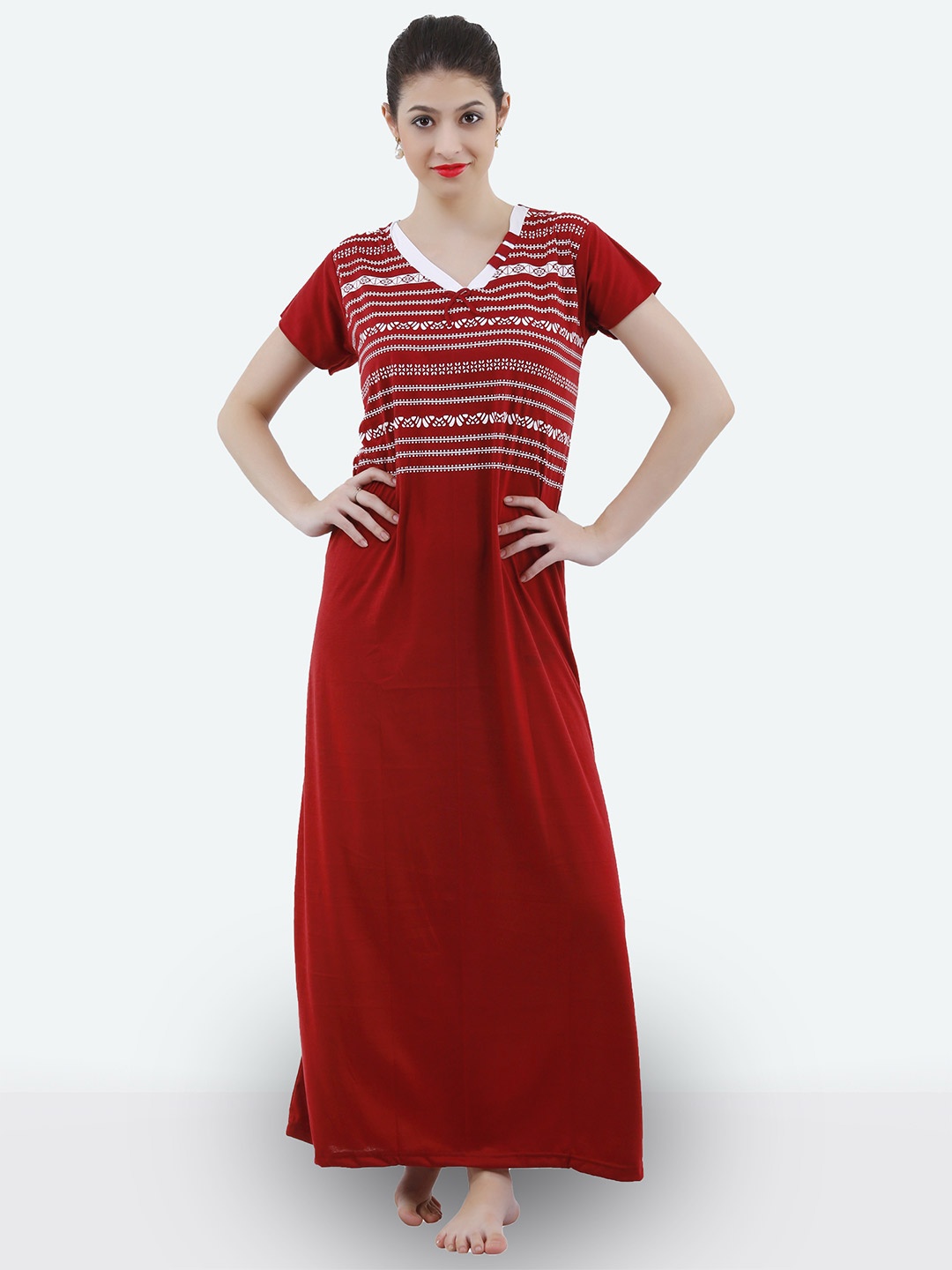 

Romaisa Maroon Striped Maxi Nightdress