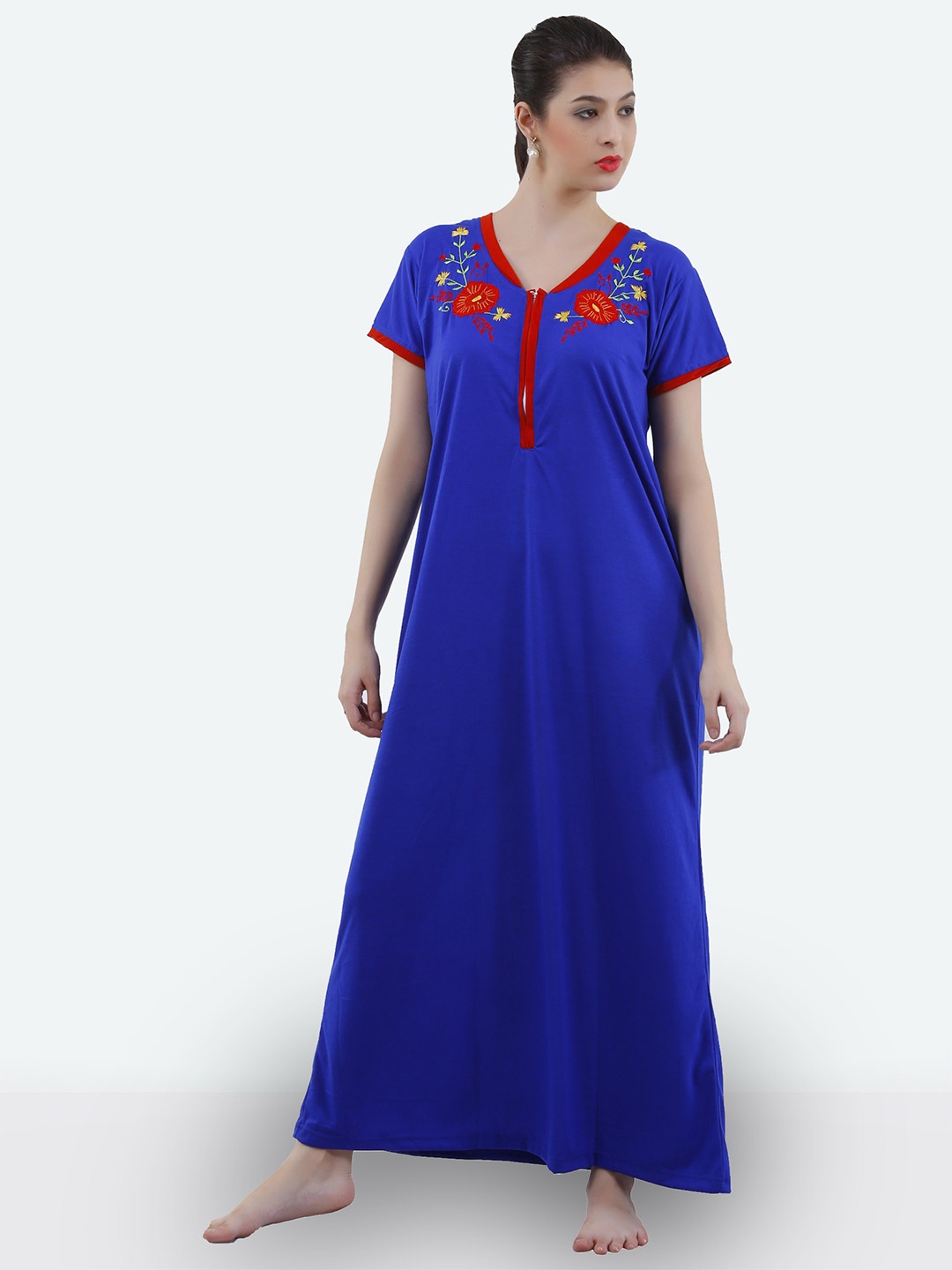 

Romaisa Blue Embroidered Maxi Nightdress