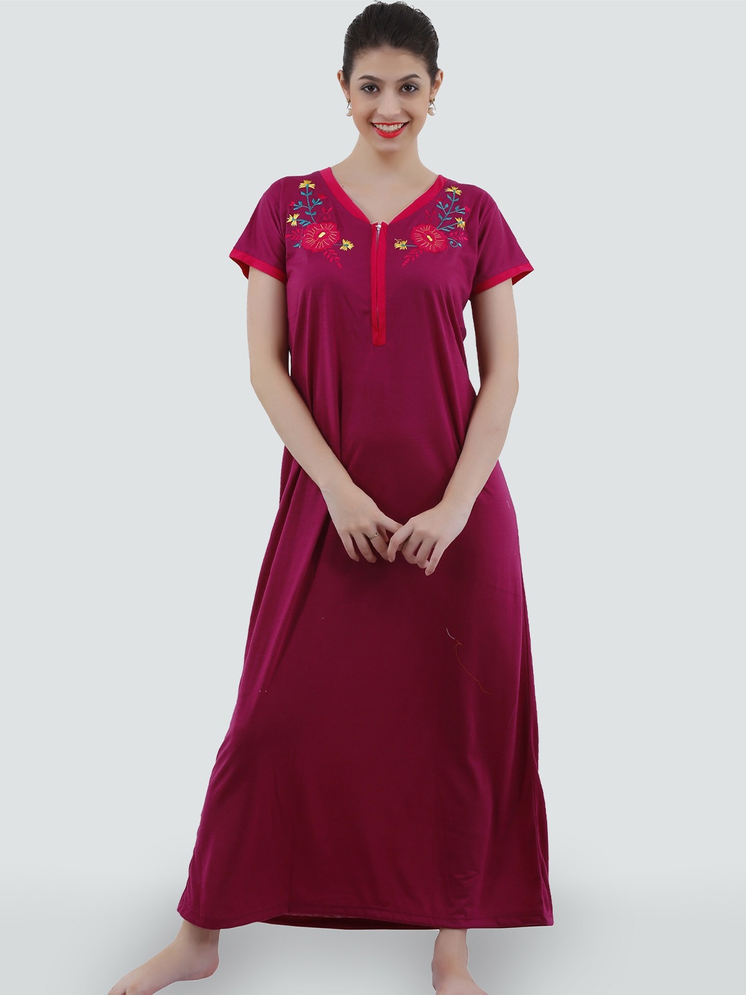 

Romaisa Maroon Embroidered Maxi Nightdress