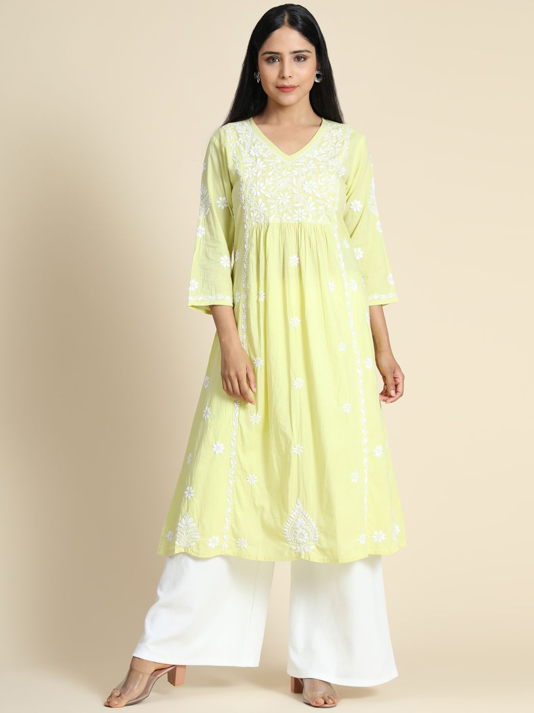 

HOUSE OF KARI Women Yellow Floral Embroidered Flared Sleeves Chikankari Anarkali Kurta