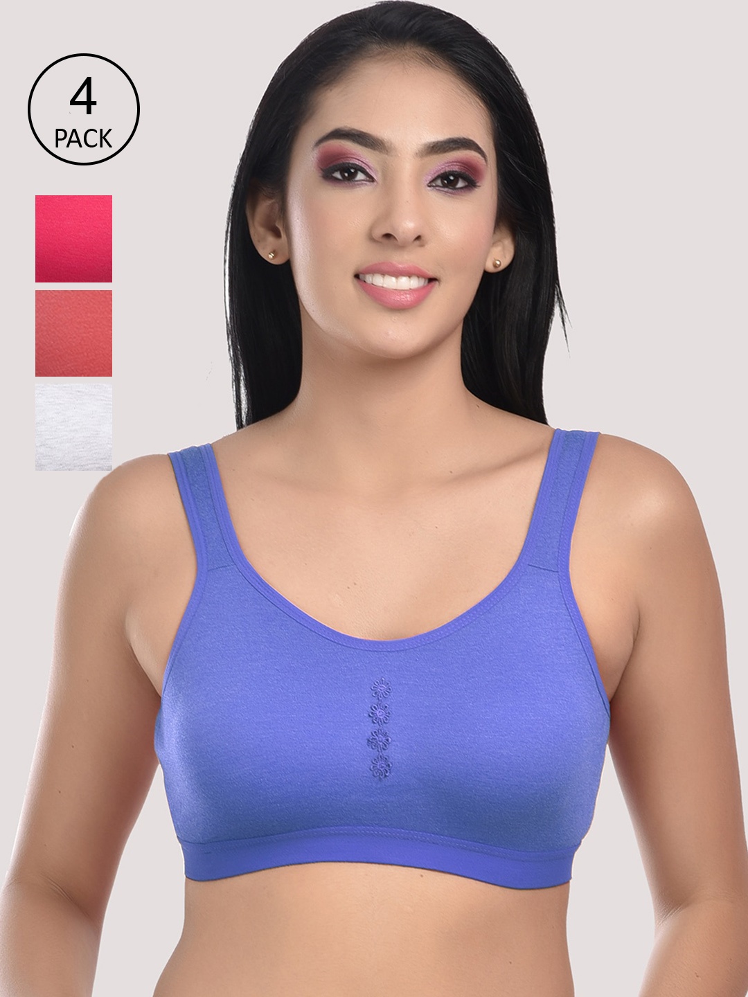 

StyFun Women Pack Of 4 White & Red Cotton Blend Non-Wired Sports Bra