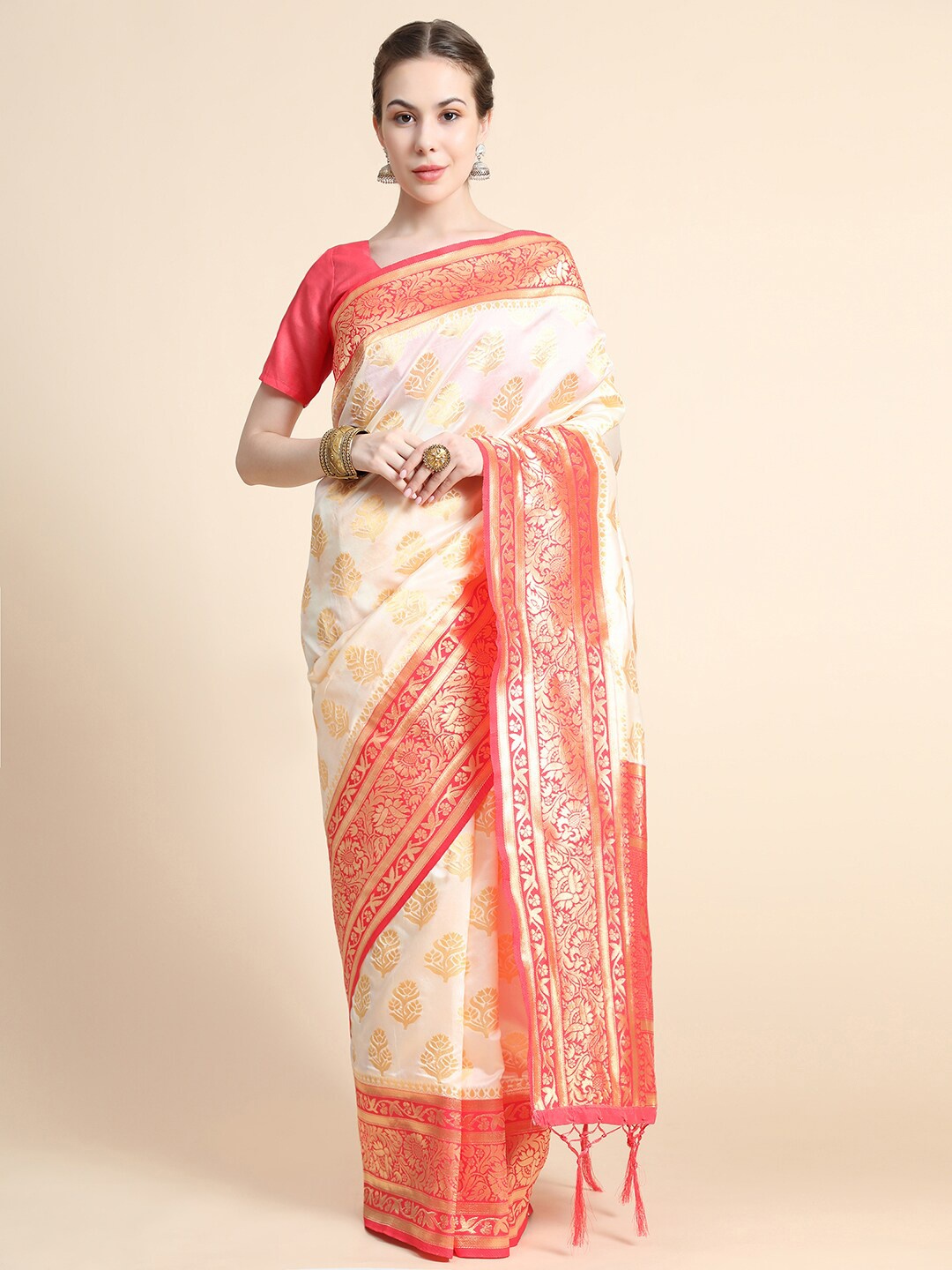 

BAHUJI Off- White & Red Woven Design Zari Art Silk Banarasi Saree
