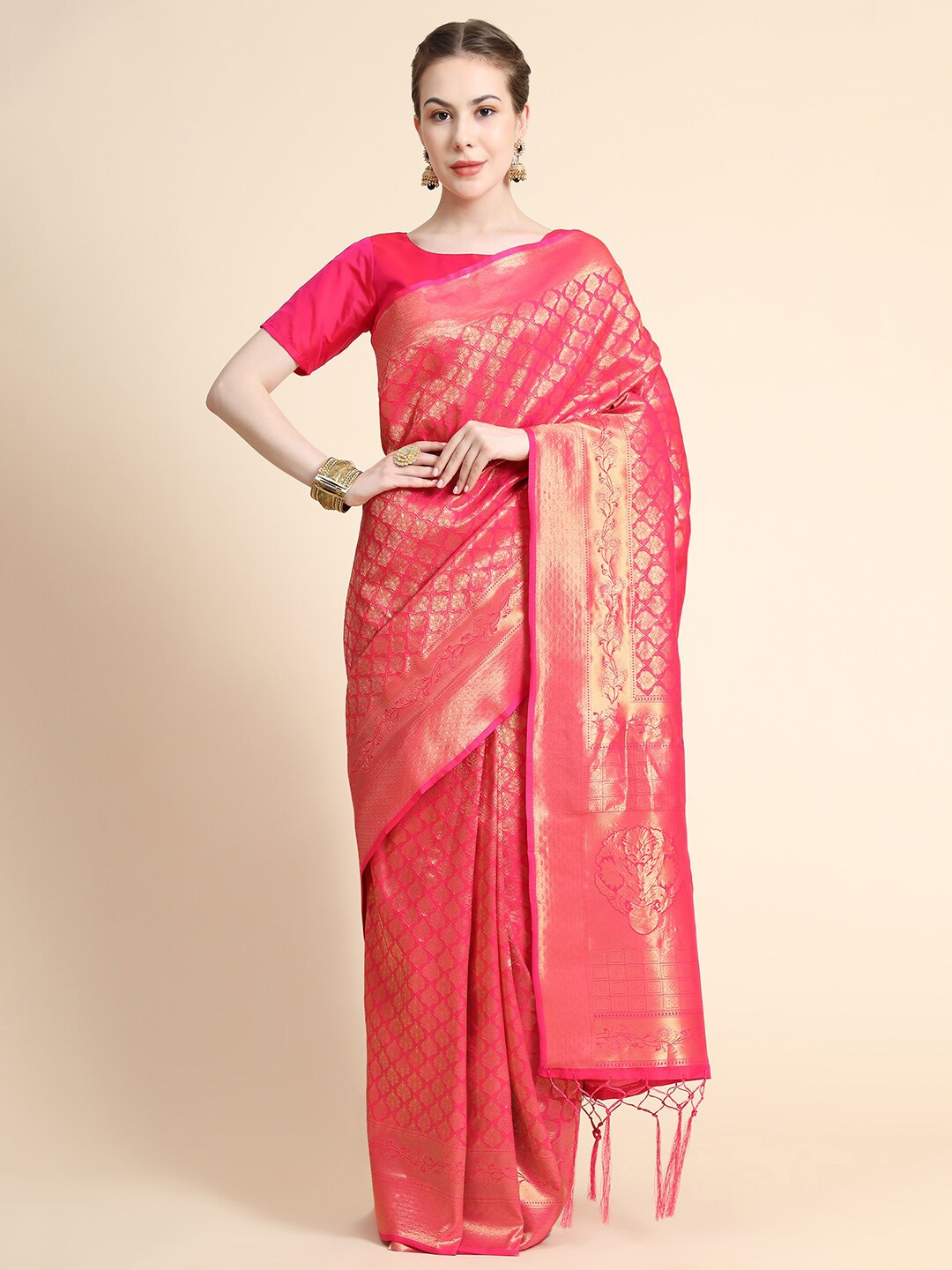 

BAHUJI Pink & Gold-Toned Woven Design Zari Art Silk Banarasi Saree