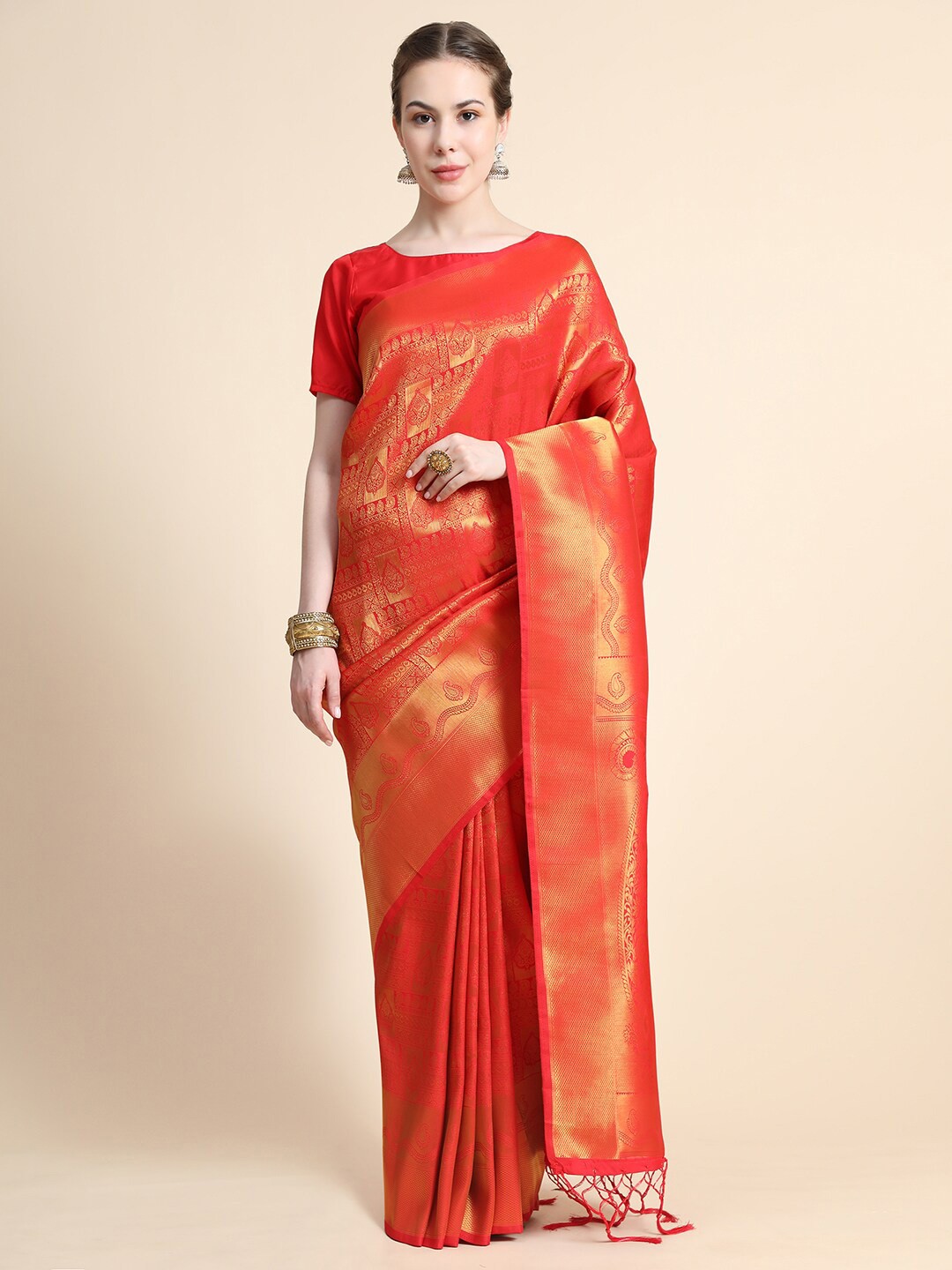 

BAHUJI Red & Gold-Toned Woven Design Zari Art Silk Banarasi Saree