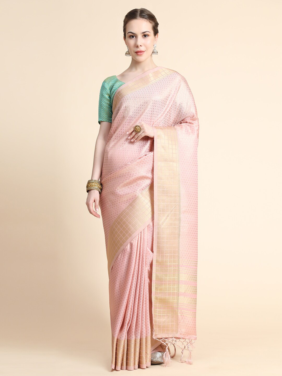 

BAHUJI Pink & Gold-Toned Woven Design Zari Art Silk Banarasi Saree