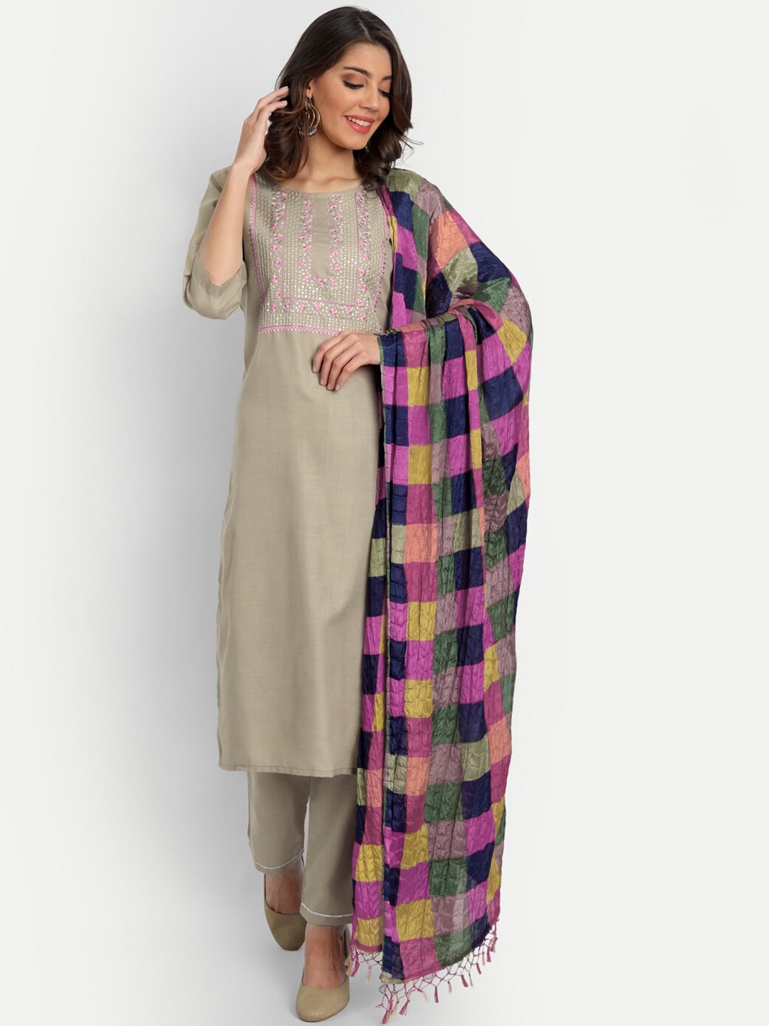 

VredeVogel Women Grey Yoke Design Kurta with Churidar & With Dupatta
