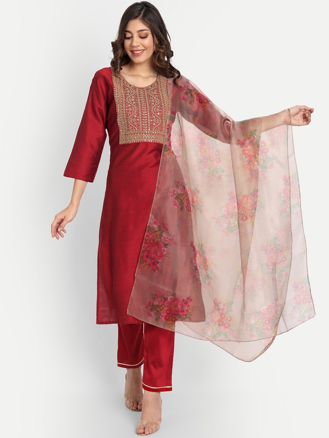 

VredeVogel Women Maroon Ethnic Motifs Yoke Design Empire Kurta with Trousers & Dupatta