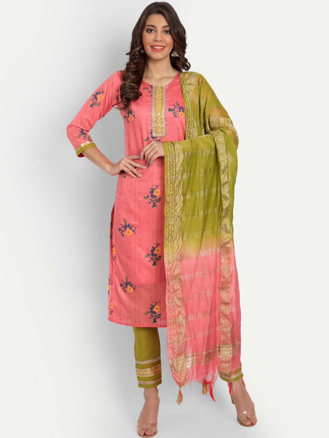 

VredeVogel Women Pink Floral Embroidered Kurta with Trousers & With Dupatta