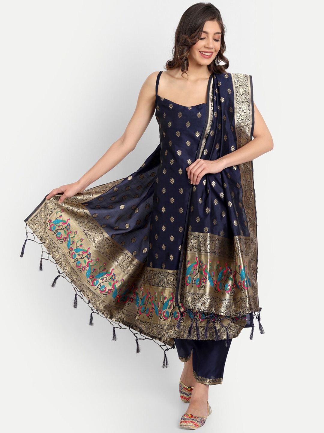 

VredeVogel Women Navy Blue Printed Empire Kurta with Trousers & With Dupatta