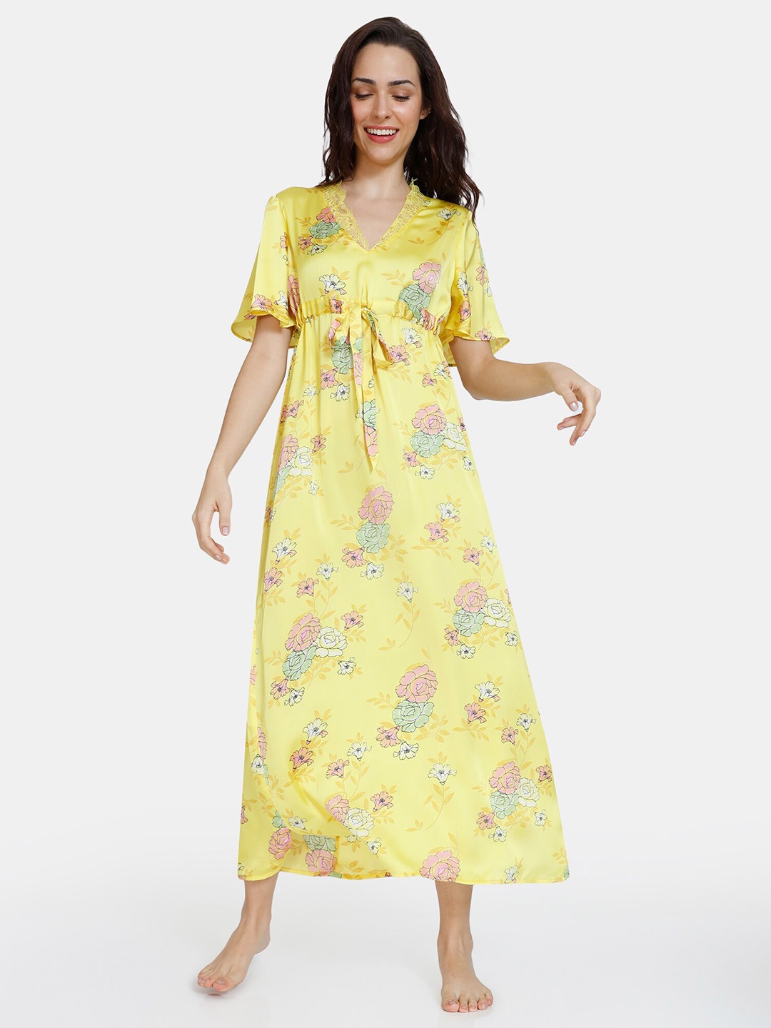 

Zivame Yellow Printed Maxi Nightdress