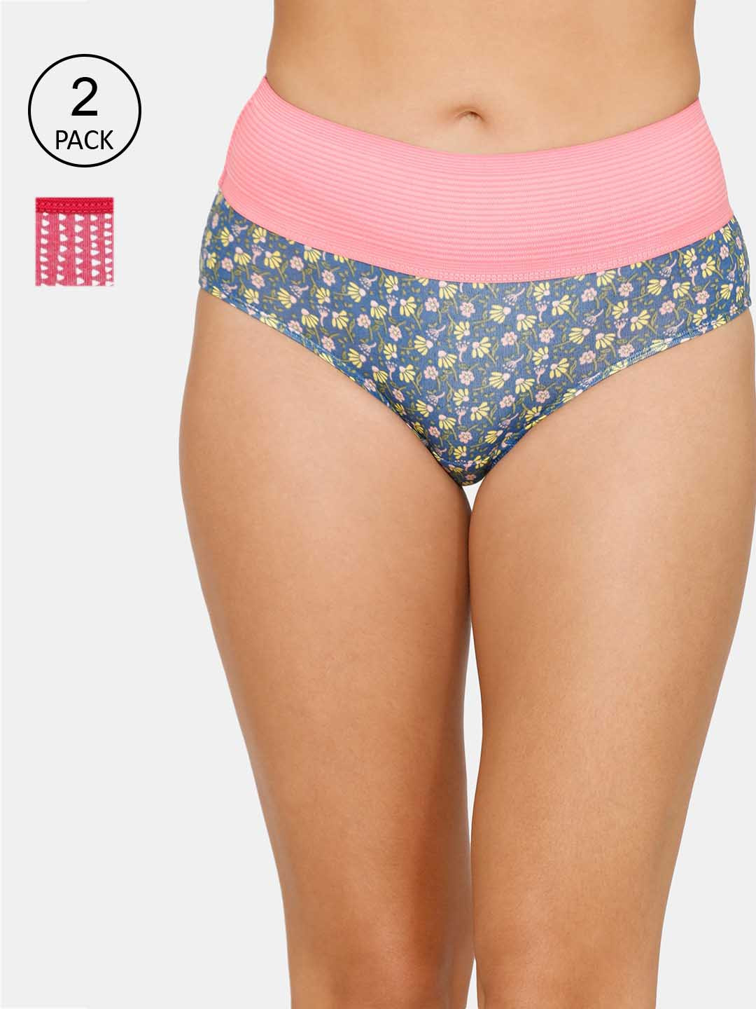 

Zivame Women Pack Of 2 Red & Blue Printed Cotton Hipster Briefs