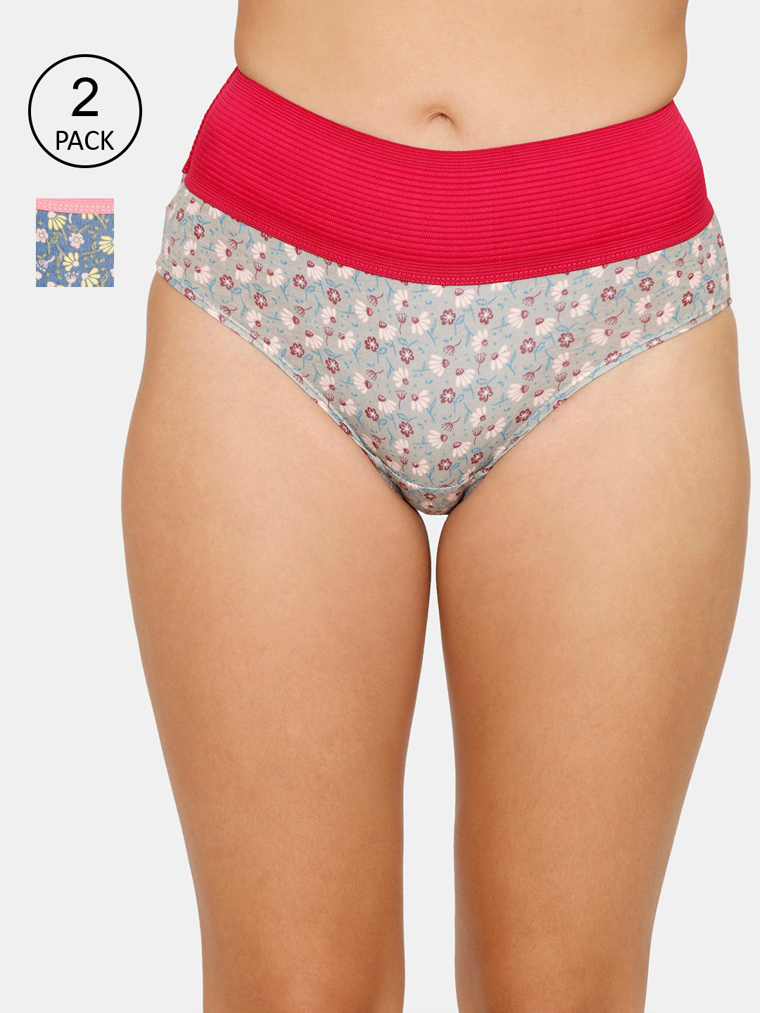 

Zivame Women Pack of 2 Grey & Blue Printed Assorted Cotton Hipster Briefs