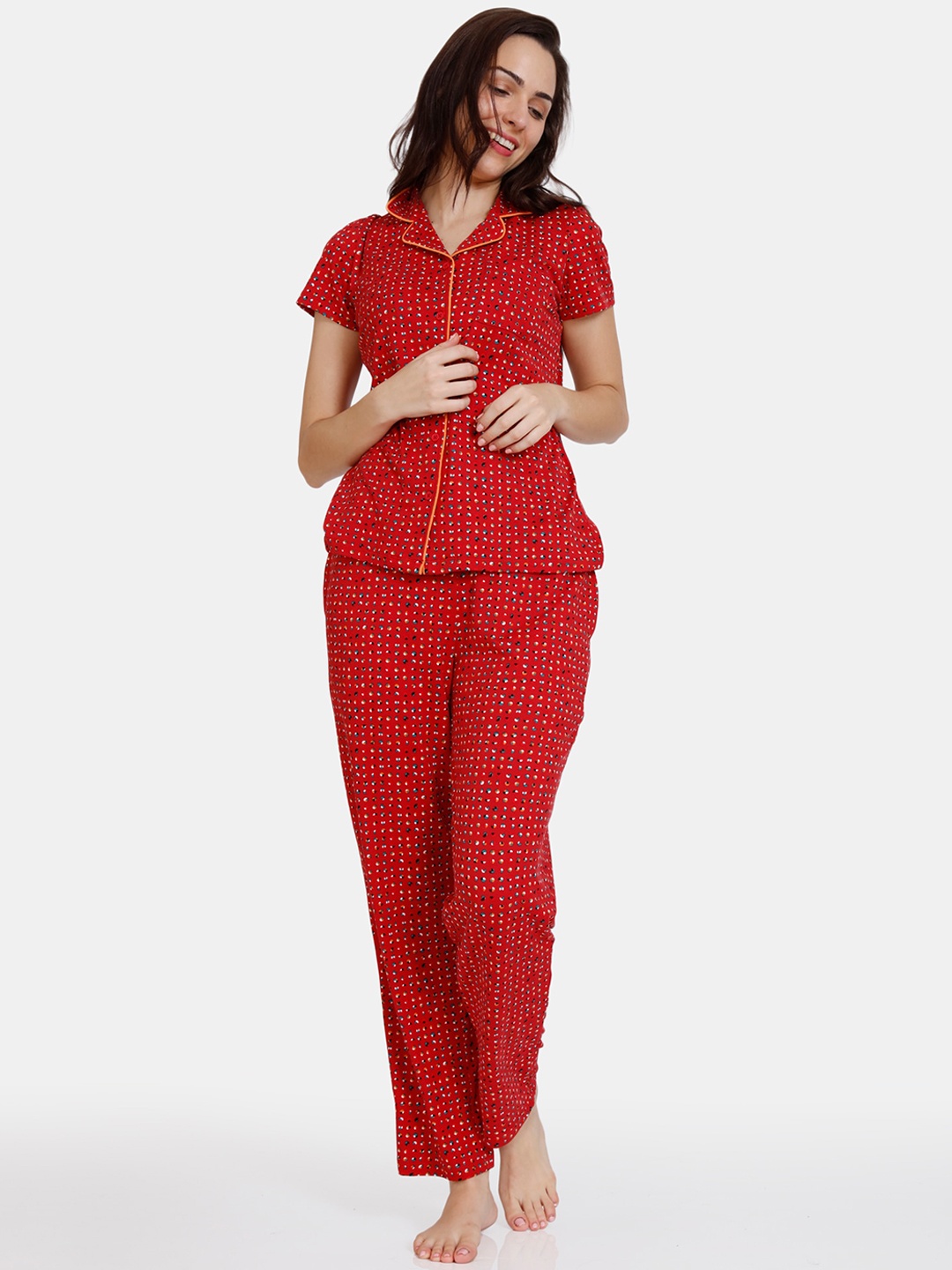 

Zivame Women Red & Orange Printed Night suit