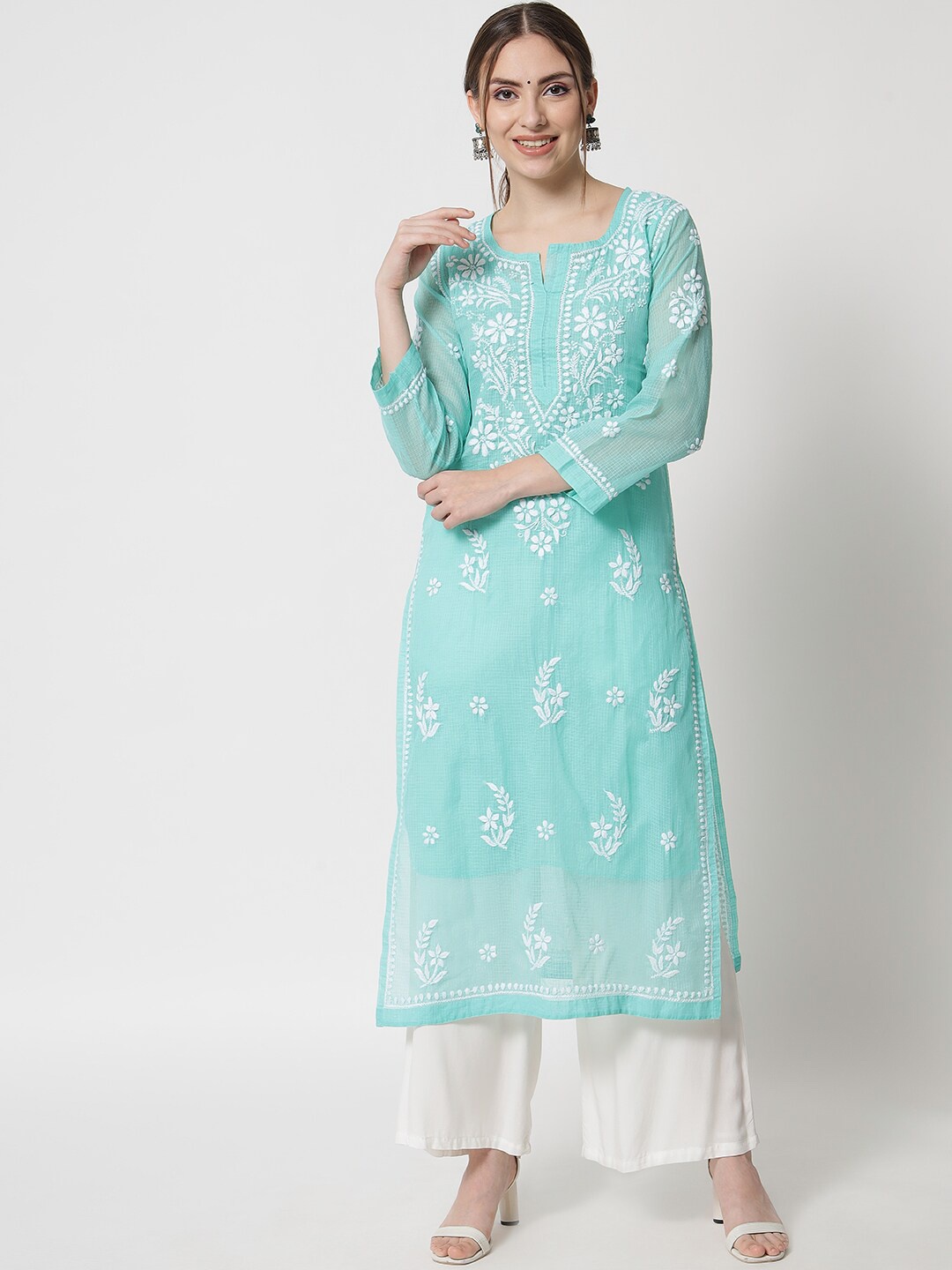 

PARAMOUNT CHIKAN Women Sea Green Ethnic Motif Embroidered Chikankari Kurta