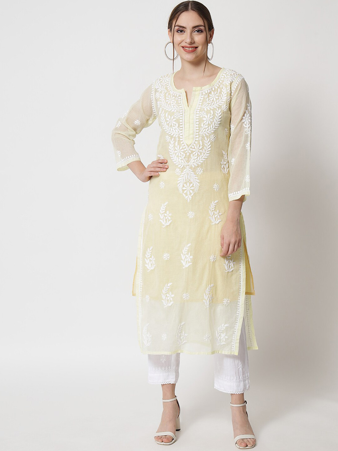 

PARAMOUNT CHIKAN Women Yellow Ethnic Motifs embroidered Chikankari Kurta
