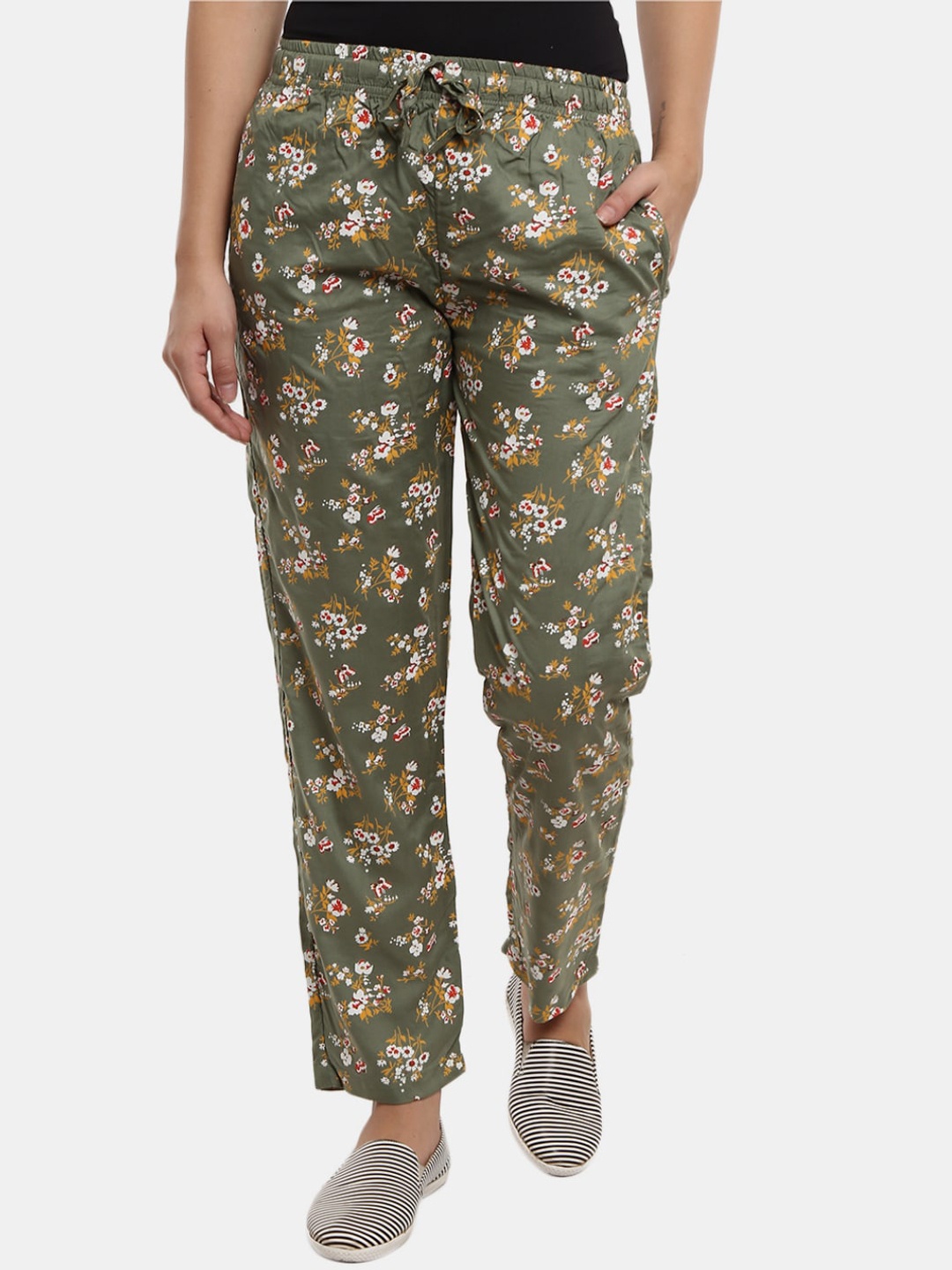 

V-Mart Women Olive Green & White Floral Printed Track Pant