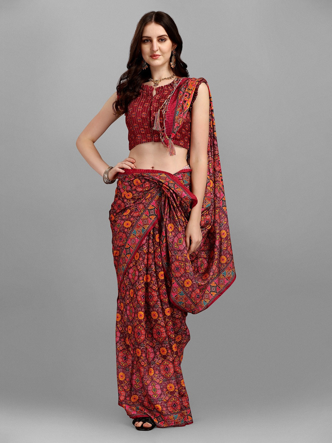 

YOYO Fashion Red & Yellow Floral Silk Blend Saree