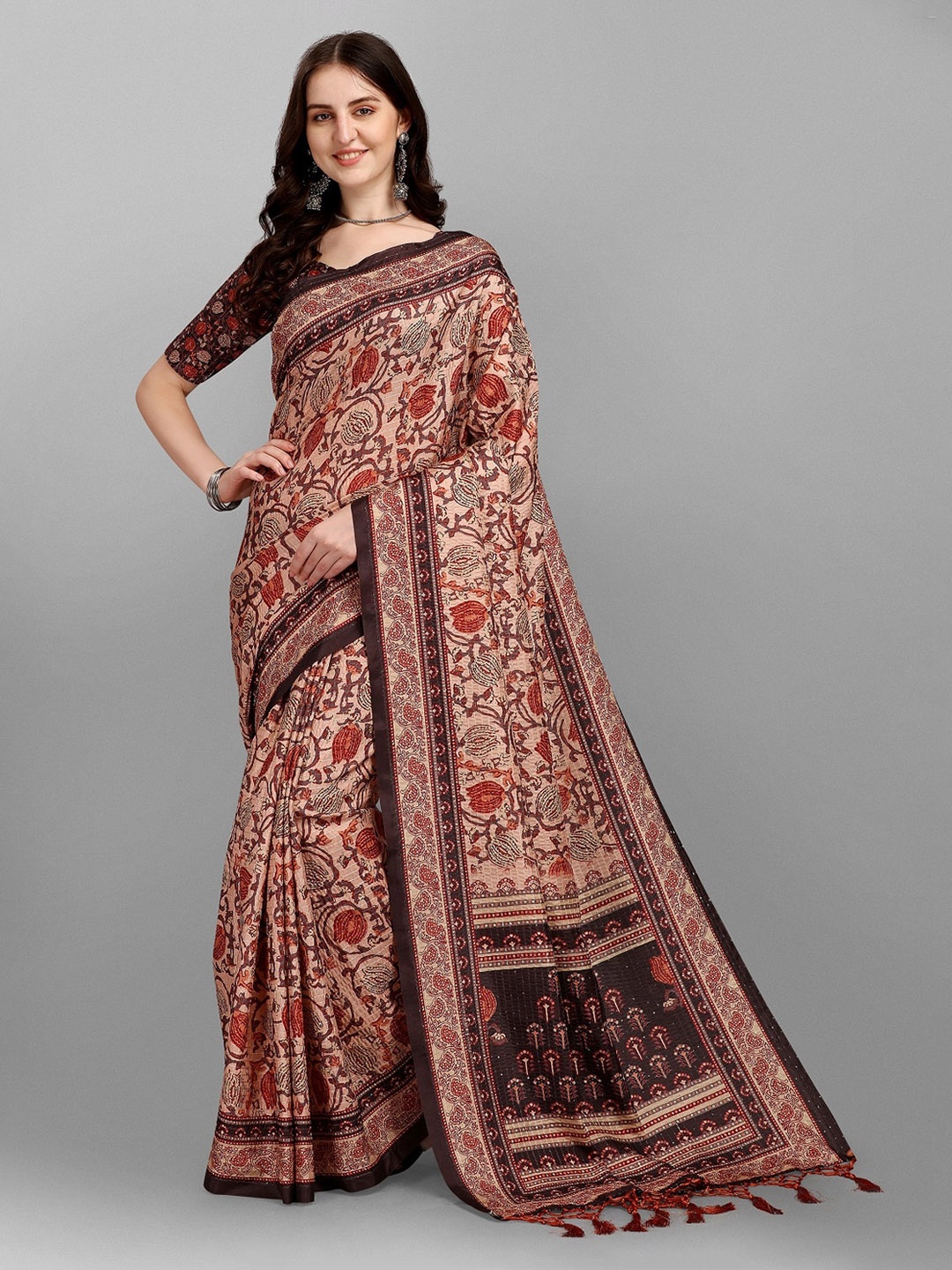 

YOYO Fashion Beige & Brown Ethnic Motifs Silk Blend Saree