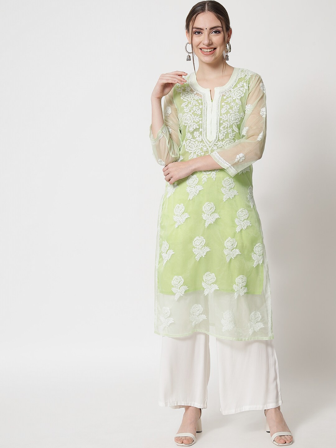 

PARAMOUNT CHIKAN Women Green Hand Embroidered Chikankari Organza Kurta