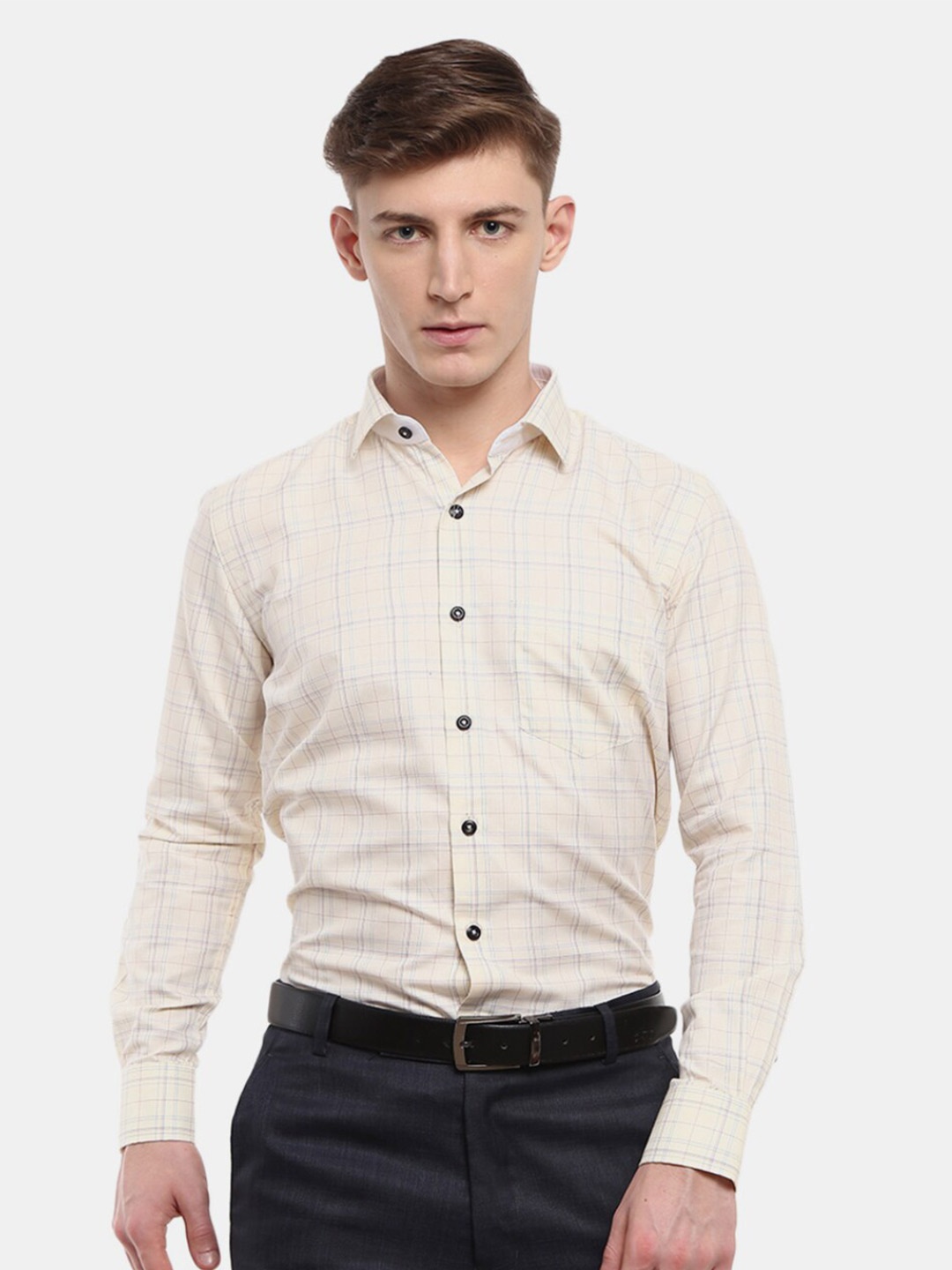 

J White by Vmart Men Yellow Classic Grid Tattersall Checks Checked Formal Shirt