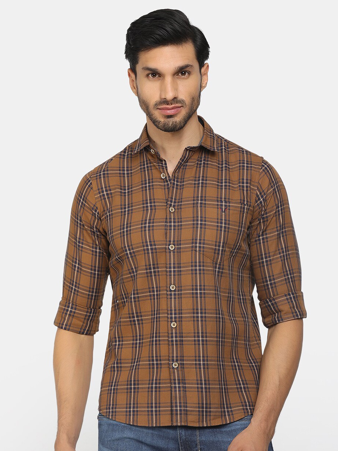 

V-Mart Men Brown Classic Slim Fit Tartan Checks Checked Cotton Casual Shirt
