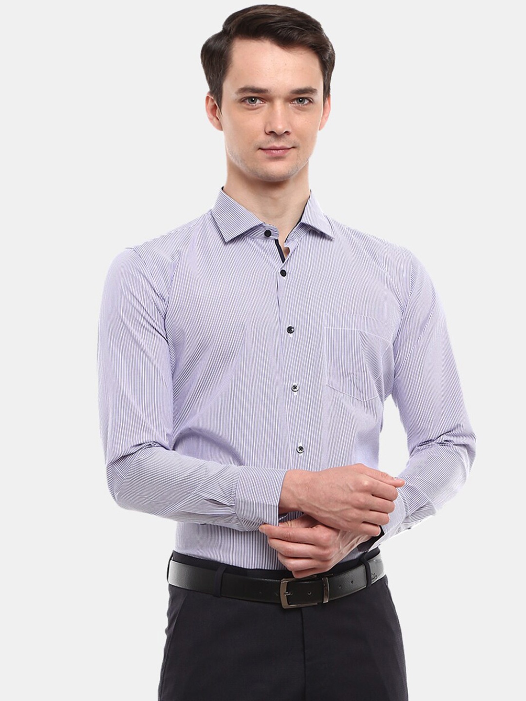 

J White by Vmart Men Navy Blue Classic Striped Formal Shirt
