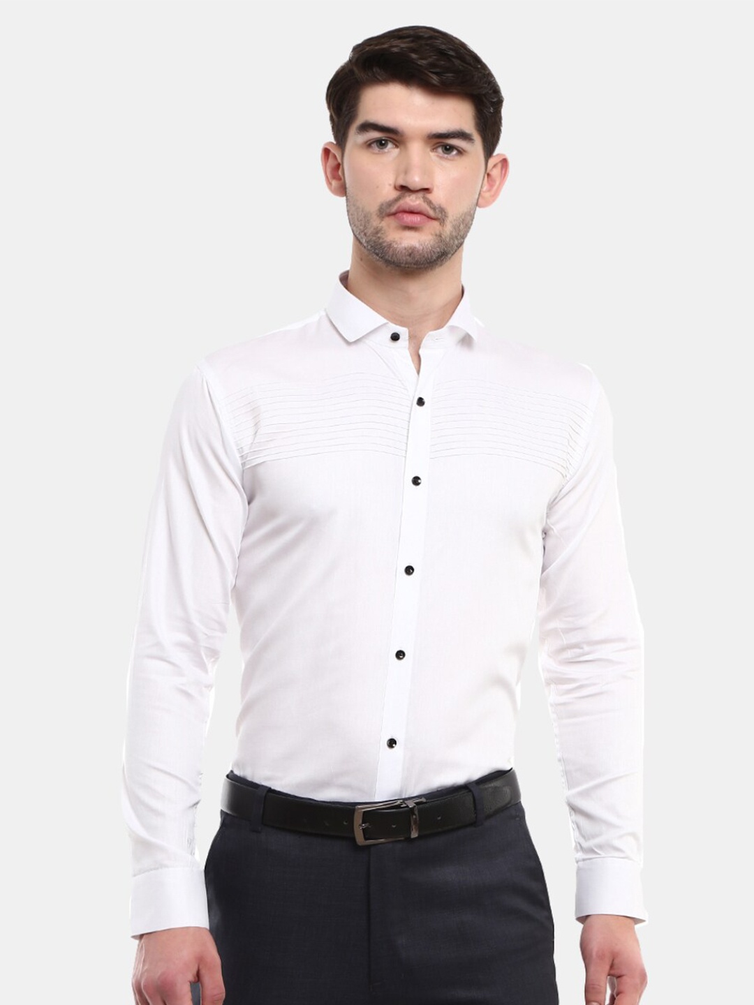 

V-Mart Men White Solid Satin Pin Tucks Classic Party Shirt
